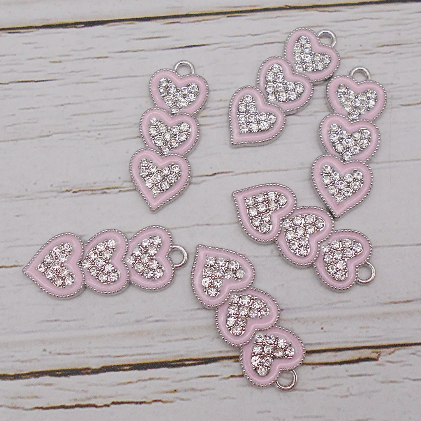 30pcs Pink Alloy Enamel Charms 3 Hearts Rhinestones Pendant for Jewelry Necklace Bracelet Earring Making Keychain Bookmark DIY Craft Findings10pcs/pack