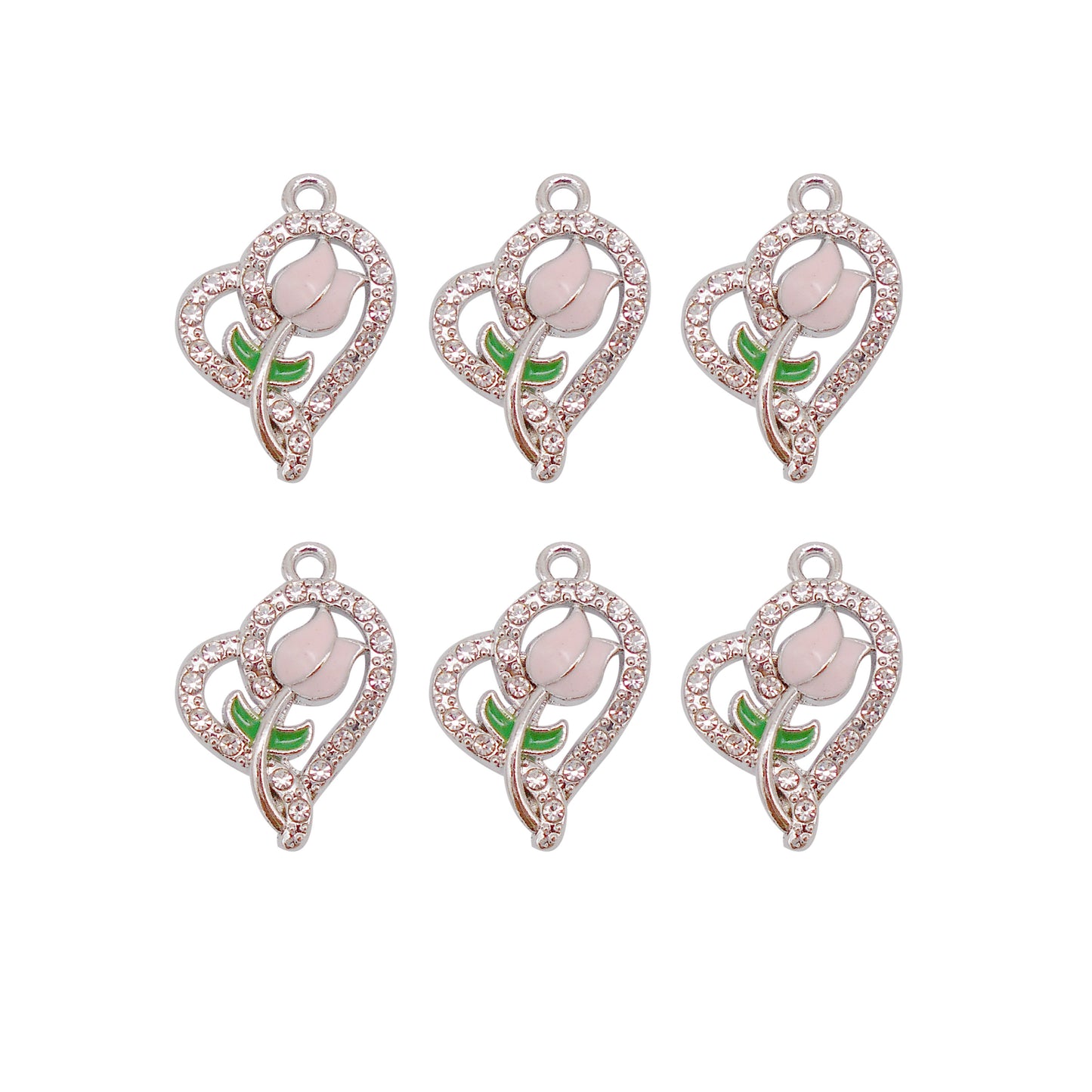 30pcs Pink Heart Rose Alloy Enamel Charms Rhinestones Pendant for Jewelry Necklace Bracelet Earring Making Keychain Bookmark DIY Craft Findings10pcs/pack
