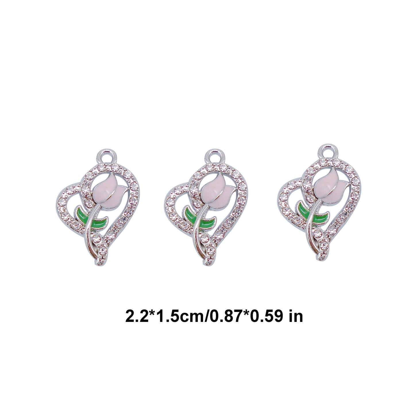 30pcs Pink Heart Rose Alloy Enamel Charms Rhinestones Pendant for Jewelry Necklace Bracelet Earring Making Keychain Bookmark DIY Craft Findings10pcs/pack