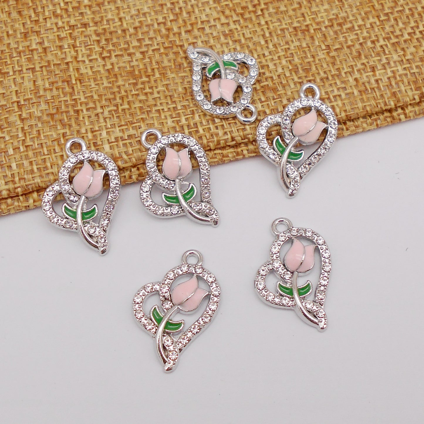 30pcs Pink Heart Rose Alloy Enamel Charms Rhinestones Pendant for Jewelry Necklace Bracelet Earring Making Keychain Bookmark DIY Craft Findings10pcs/pack