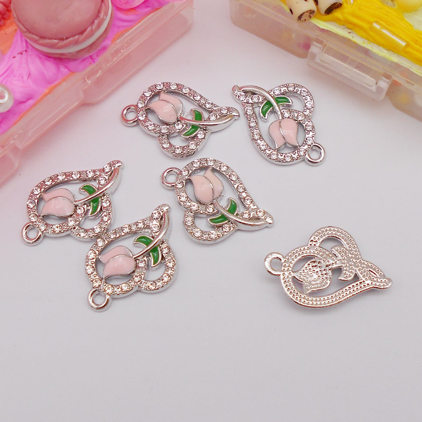 30pcs Pink Heart Rose Alloy Enamel Charms Rhinestones Pendant for Jewelry Necklace Bracelet Earring Making Keychain Bookmark DIY Craft Findings10pcs/pack