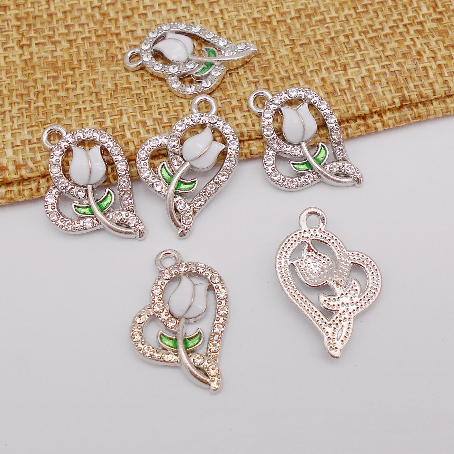 30pcs Pink Heart Rose Alloy Enamel Charms Rhinestones Pendant for Jewelry Necklace Bracelet Earring Making Keychain Bookmark DIY Craft Findings10pcs/pack