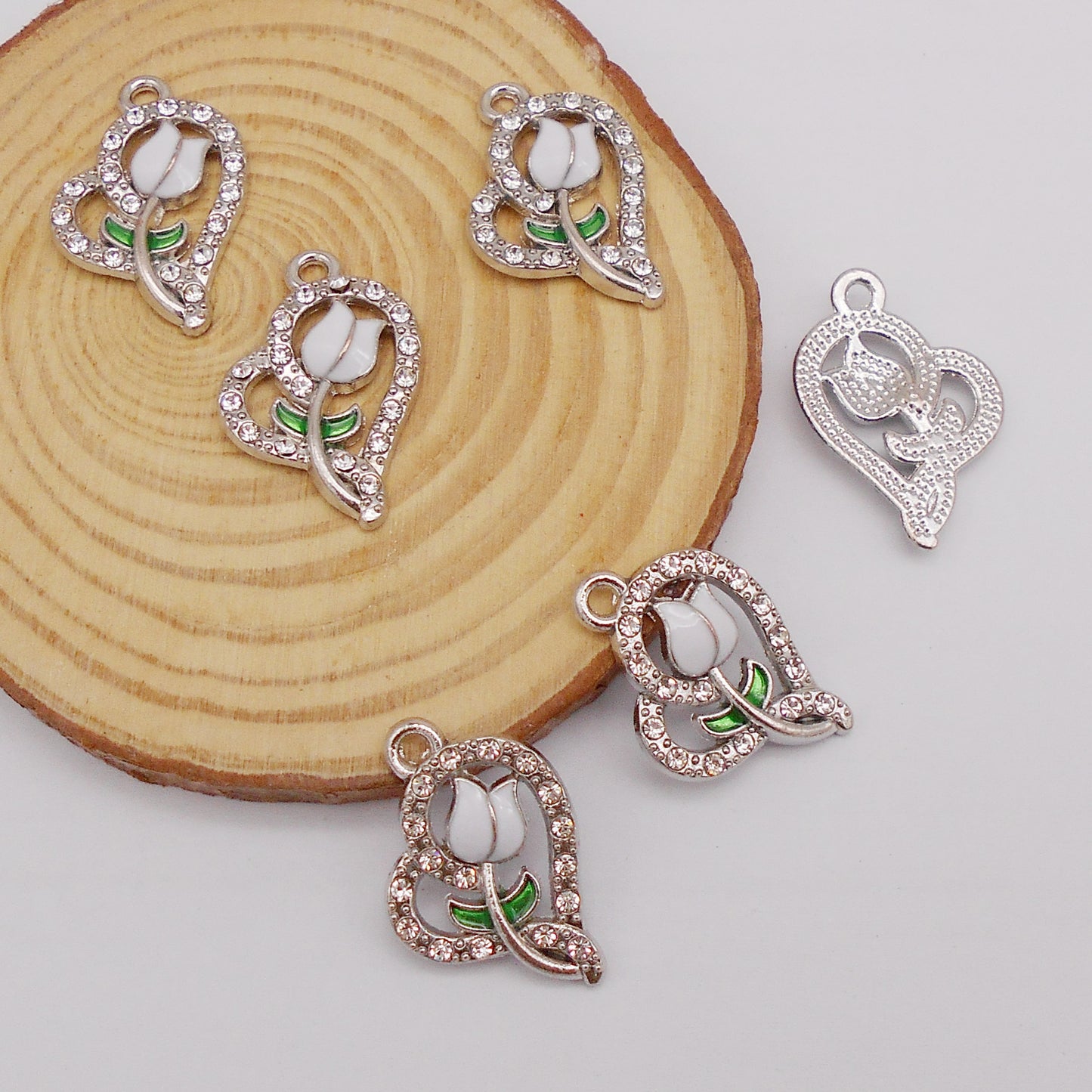 30pcs Pink Heart Rose Alloy Enamel Charms Rhinestones Pendant for Jewelry Necklace Bracelet Earring Making Keychain Bookmark DIY Craft Findings10pcs/pack