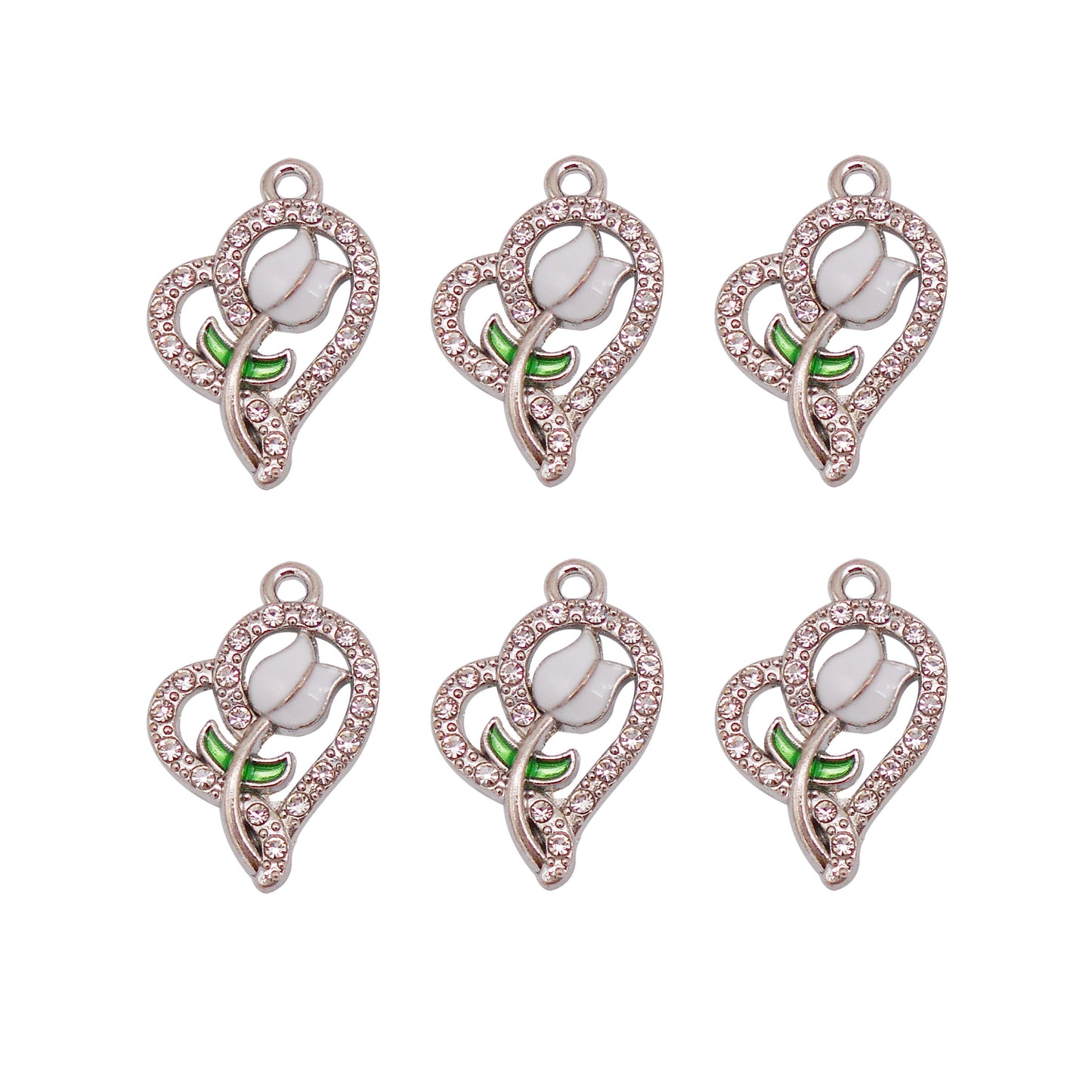 30pcs Pink Heart Rose Alloy Enamel Charms Rhinestones Pendant for Jewelry Necklace Bracelet Earring Making Keychain Bookmark DIY Craft Findings10pcs/pack