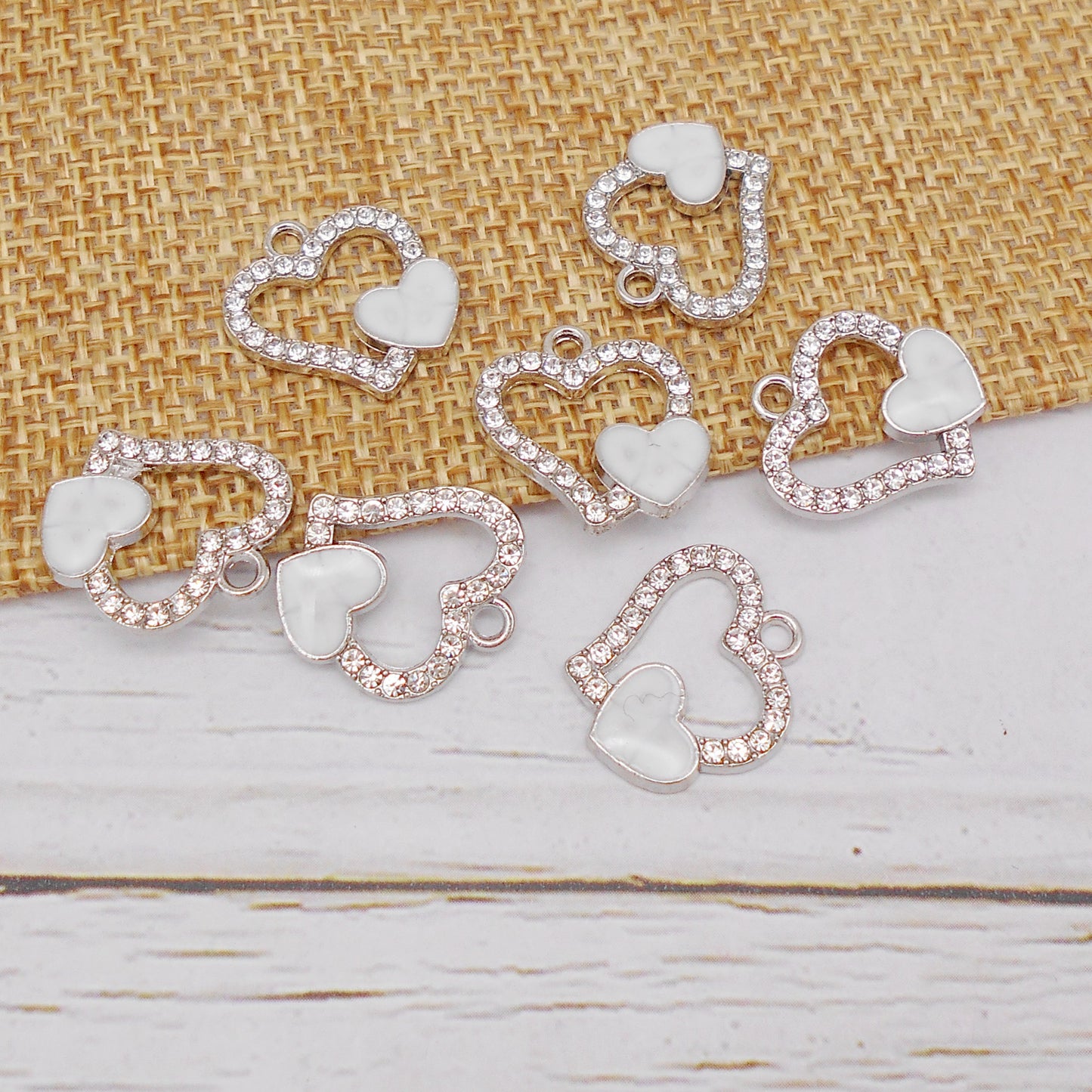 10Pcs Metal Hollow-Out Heart Charm Pendant with Crystal Rhinestone 16x15mm Enamel Double Heart Pendant DIY Jewelry Charms for Necklace Earrings Making