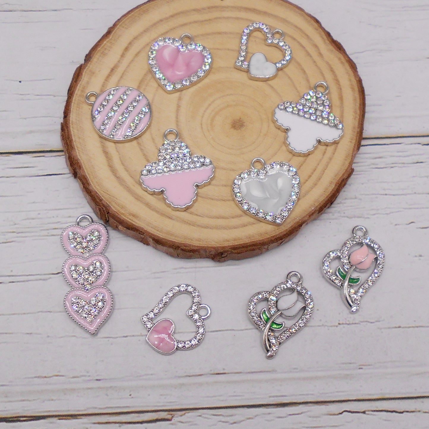 30pcs Mixed Pink Heart Rose Enamel Charms Rhinestones Pendant for Jewelry Necklace Bracelet Earring Making Keychain Bookmark DIY Craft Findings