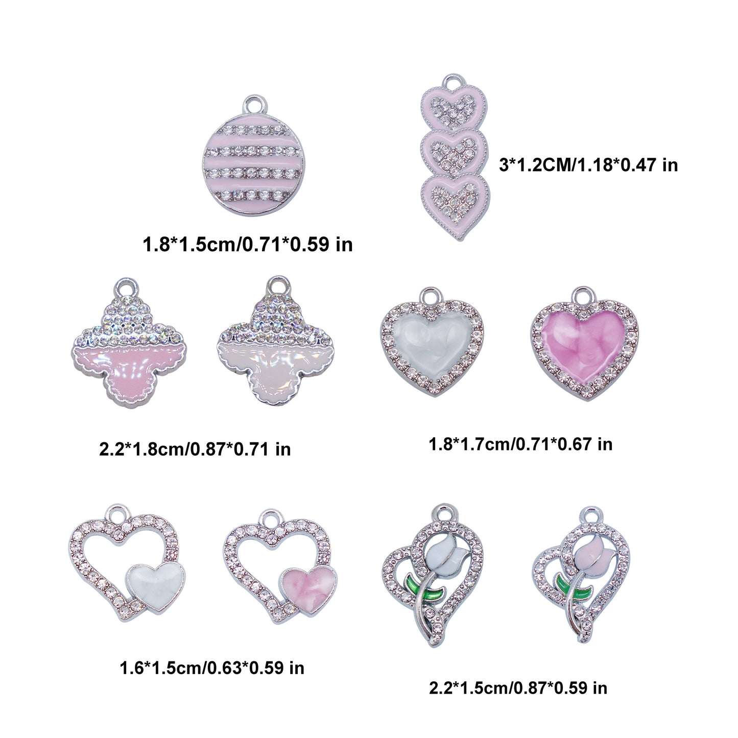 30pcs Mixed Pink Heart Rose Enamel Charms Rhinestones Pendant for Jewelry Necklace Bracelet Earring Making Keychain Bookmark DIY Craft Findings