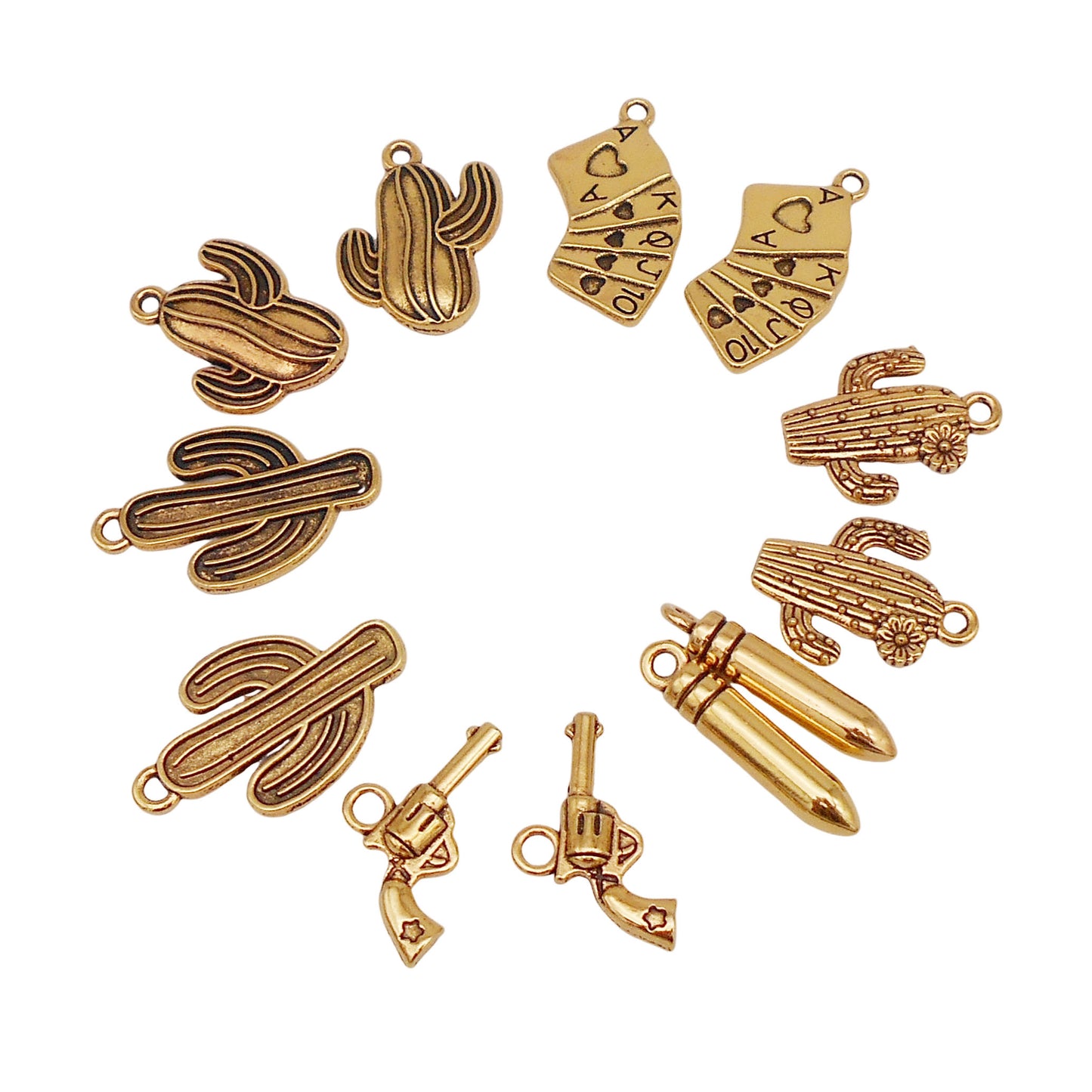 12PCS Quality Plated Antique Gold Western Cowboy Cowgirl Jewelry Charms Alloy Cactus Gun Poker Card Bullets Pendant for DIY Necklace Bracelet Earrings Accessories Crafts Decor