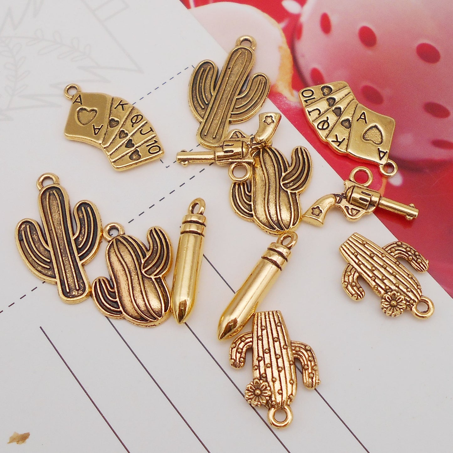 12PCS Quality Plated Antique Gold Western Cowboy Cowgirl Jewelry Charms Alloy Cactus Gun Poker Card Bullets Pendant for DIY Necklace Bracelet Earrings Accessories Crafts Decor
