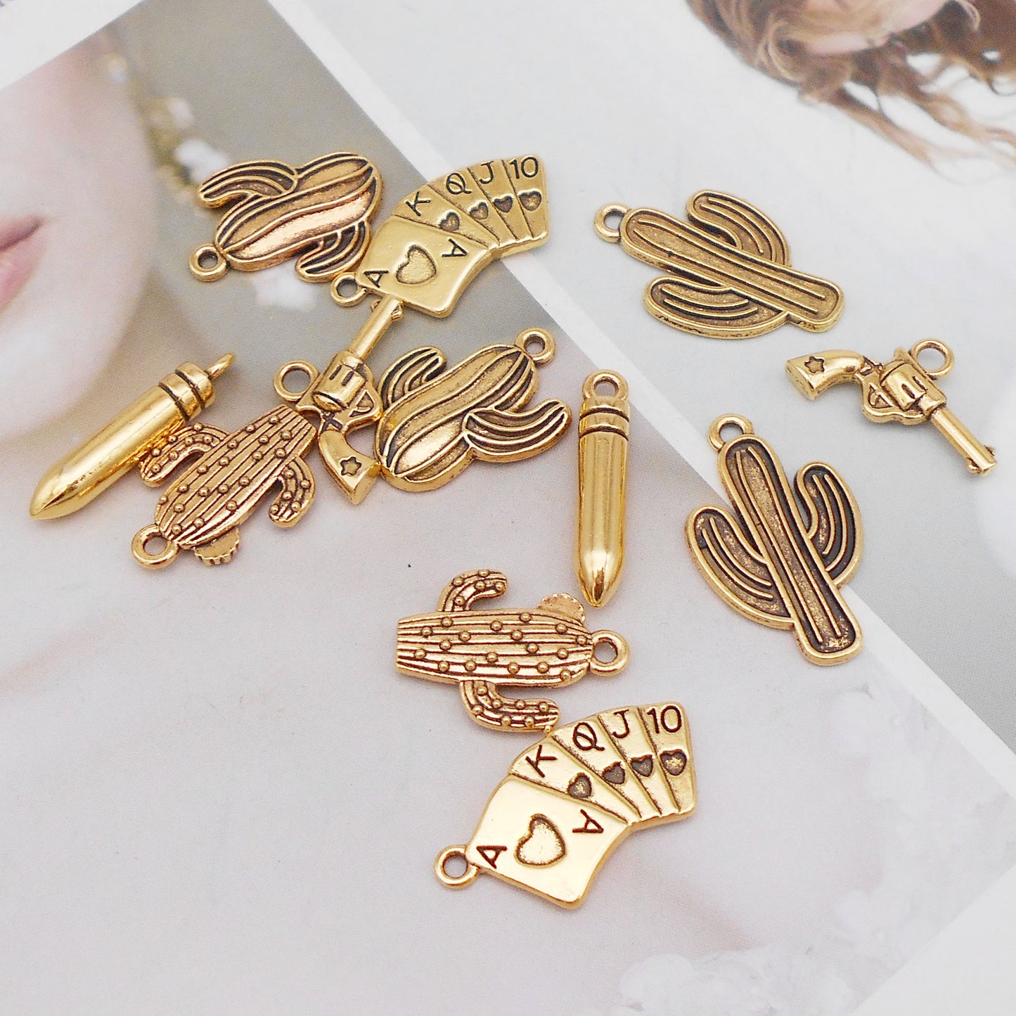 12PCS Quality Plated Antique Gold Western Cowboy Cowgirl Jewelry Charms Alloy Cactus Gun Poker Card Bullets Pendant for DIY Necklace Bracelet Earrings Accessories Crafts Decor