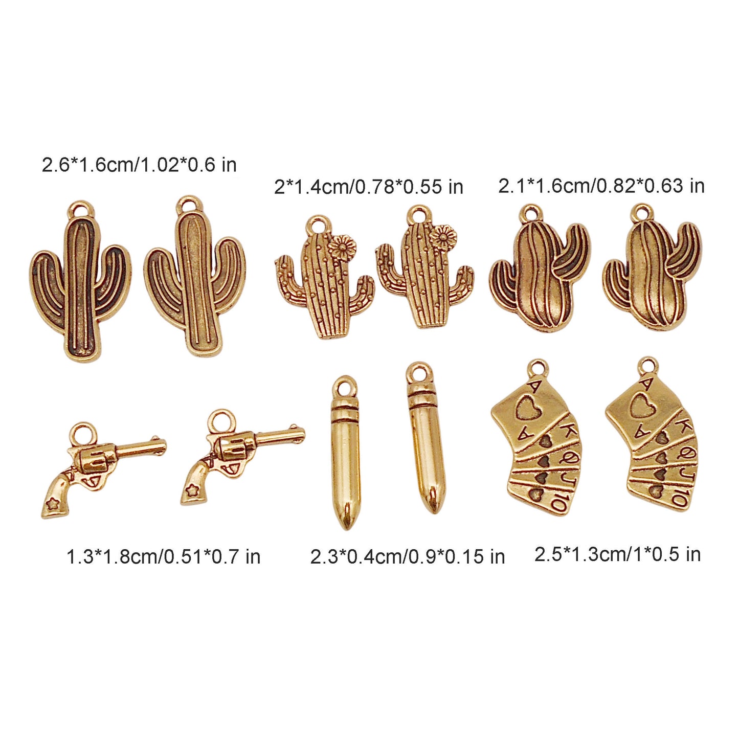 12PCS Quality Plated Antique Gold Western Cowboy Cowgirl Jewelry Charms Alloy Cactus Gun Poker Card Bullets Pendant for DIY Necklace Bracelet Earrings Accessories Crafts Decor