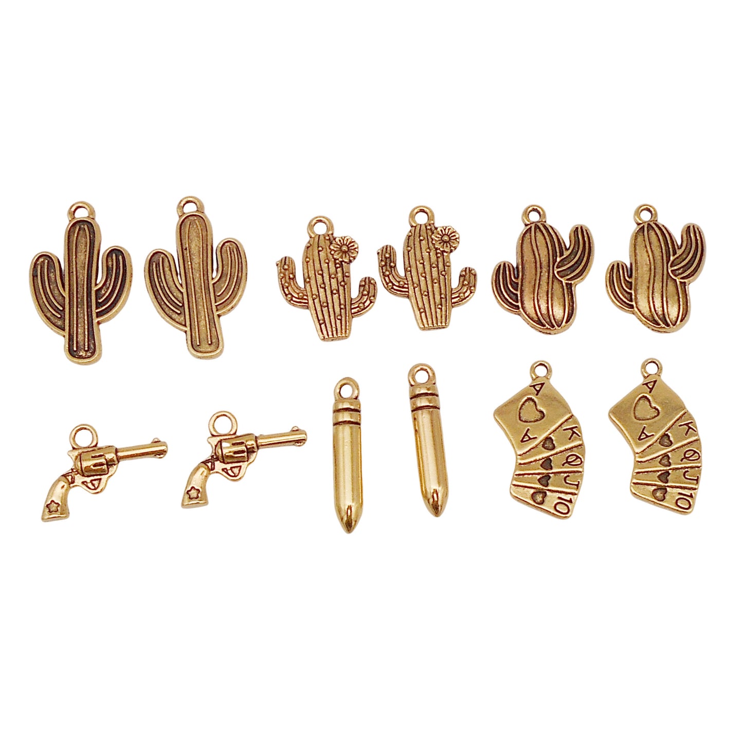 12PCS Quality Plated Antique Gold Western Cowboy Cowgirl Jewelry Charms Alloy Cactus Gun Poker Card Bullets Pendant for DIY Necklace Bracelet Earrings Accessories Crafts Decor