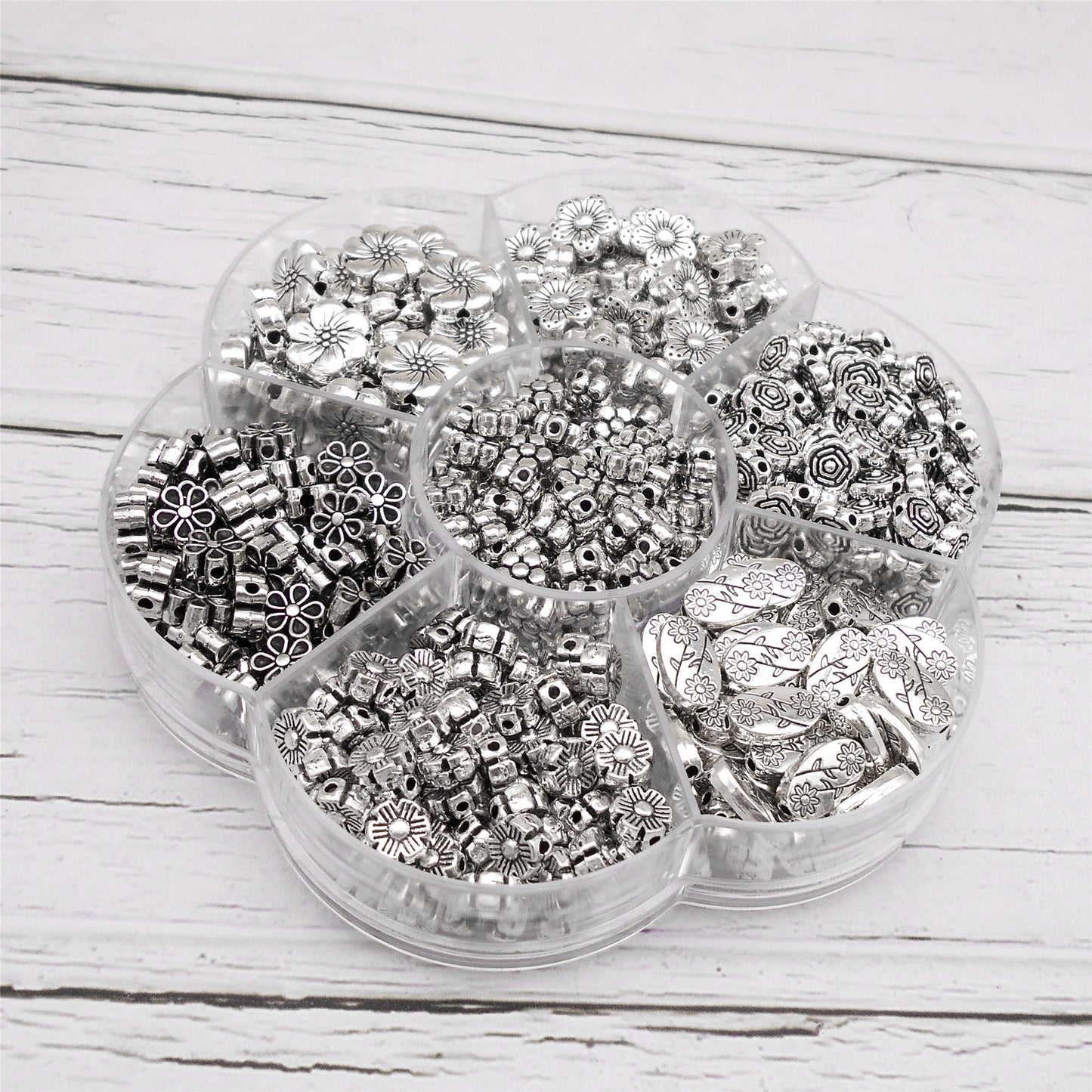 1 Box of 415-530pcs Alloy Metal Bead Antique Silver Spacer Beads Mixed Flower Ball Loose Bead for Bracelets Necklaces Earrings Jewelry Making
