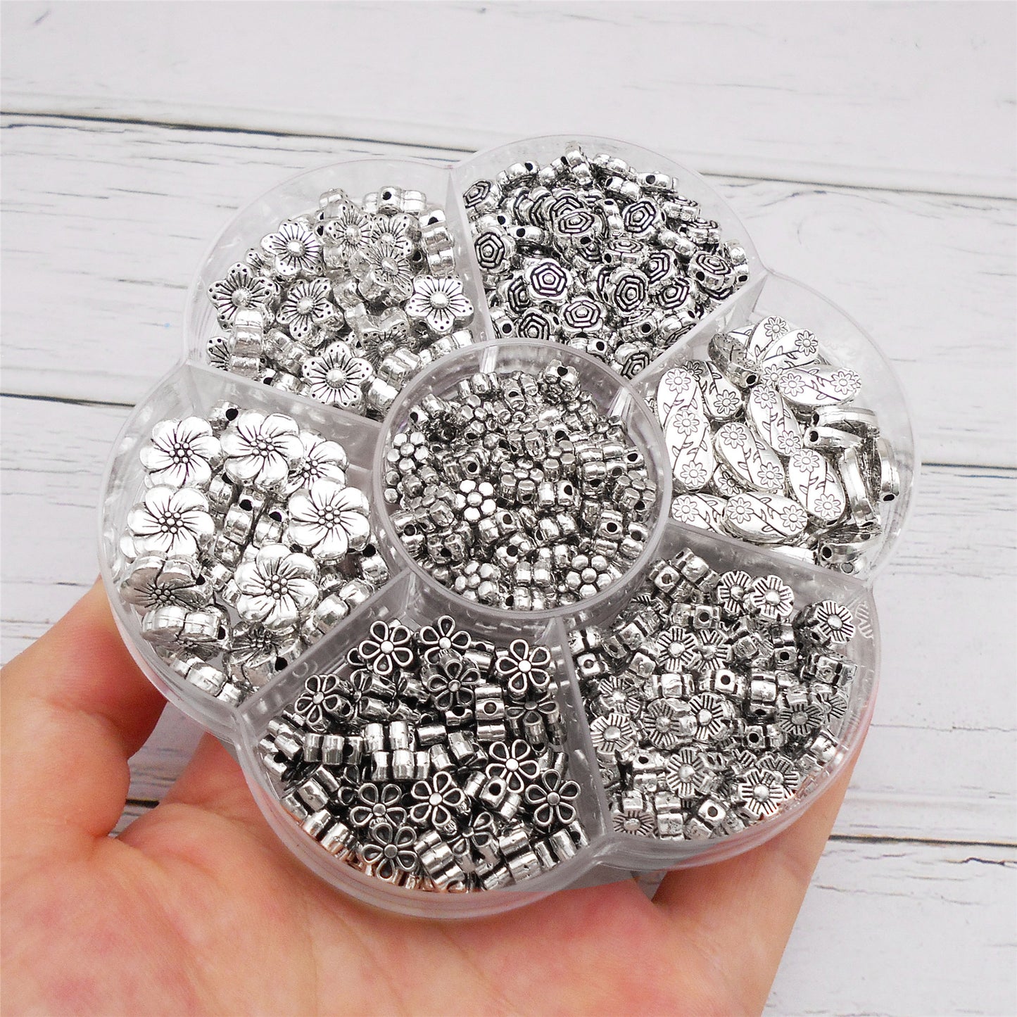 1 Box of 415-530pcs Alloy Metal Bead Antique Silver Spacer Beads Mixed Flower Ball Loose Bead for Bracelets Necklaces Earrings Jewelry Making