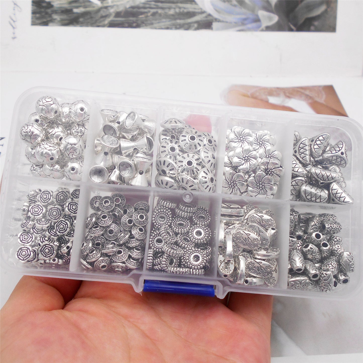 1 Box of 350pcs Alloy Metal Bead Antique Silver Spacer Beads Mixed Flower Ball Loose Bead for Bracelets Necklaces Earrings Jewelry Making