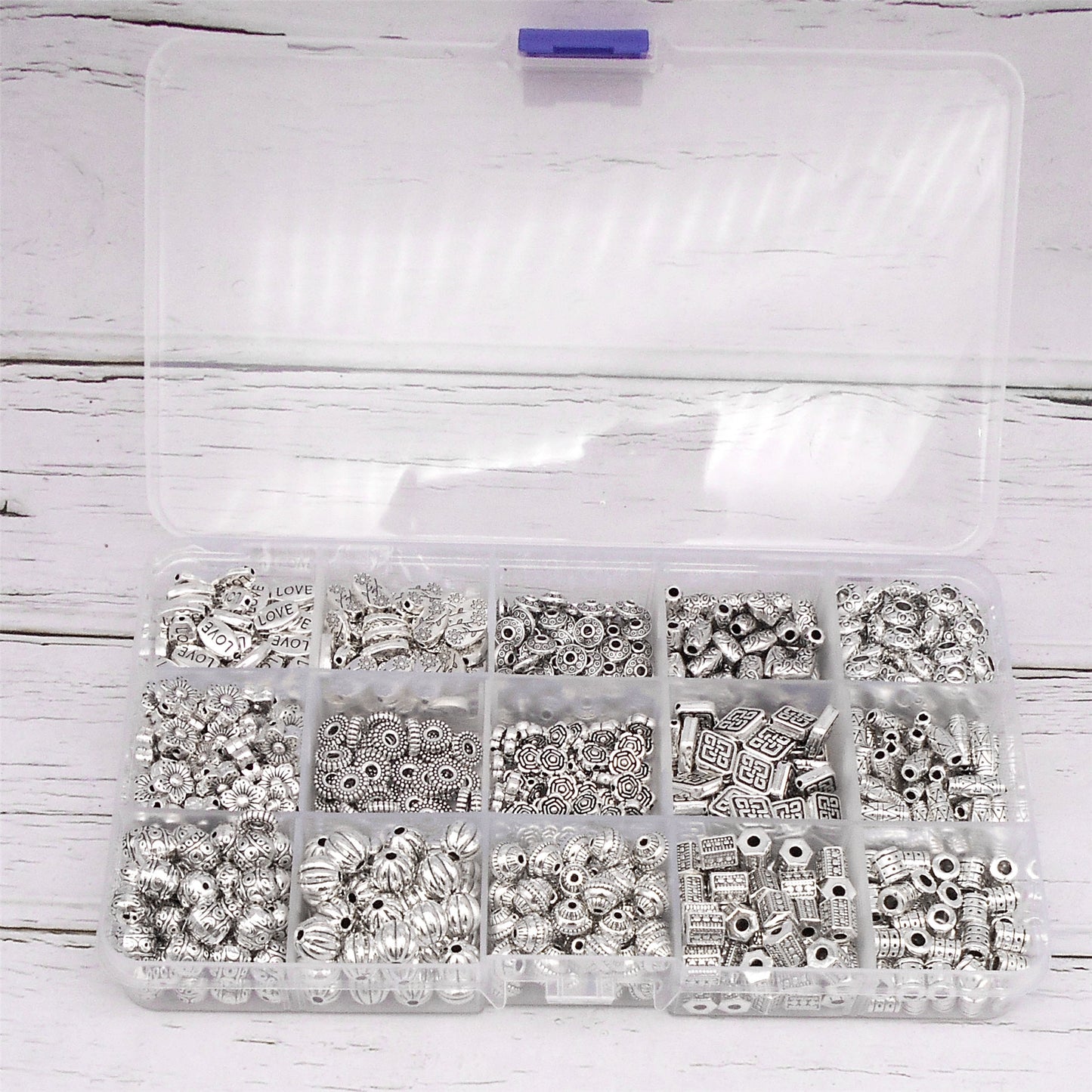 750PCS 15 Styles Mixed Alloy Antique Silver Spacer Beads Bulk Flower Loose Bead for Bracelets Necklaces Earrings Jewelry Making