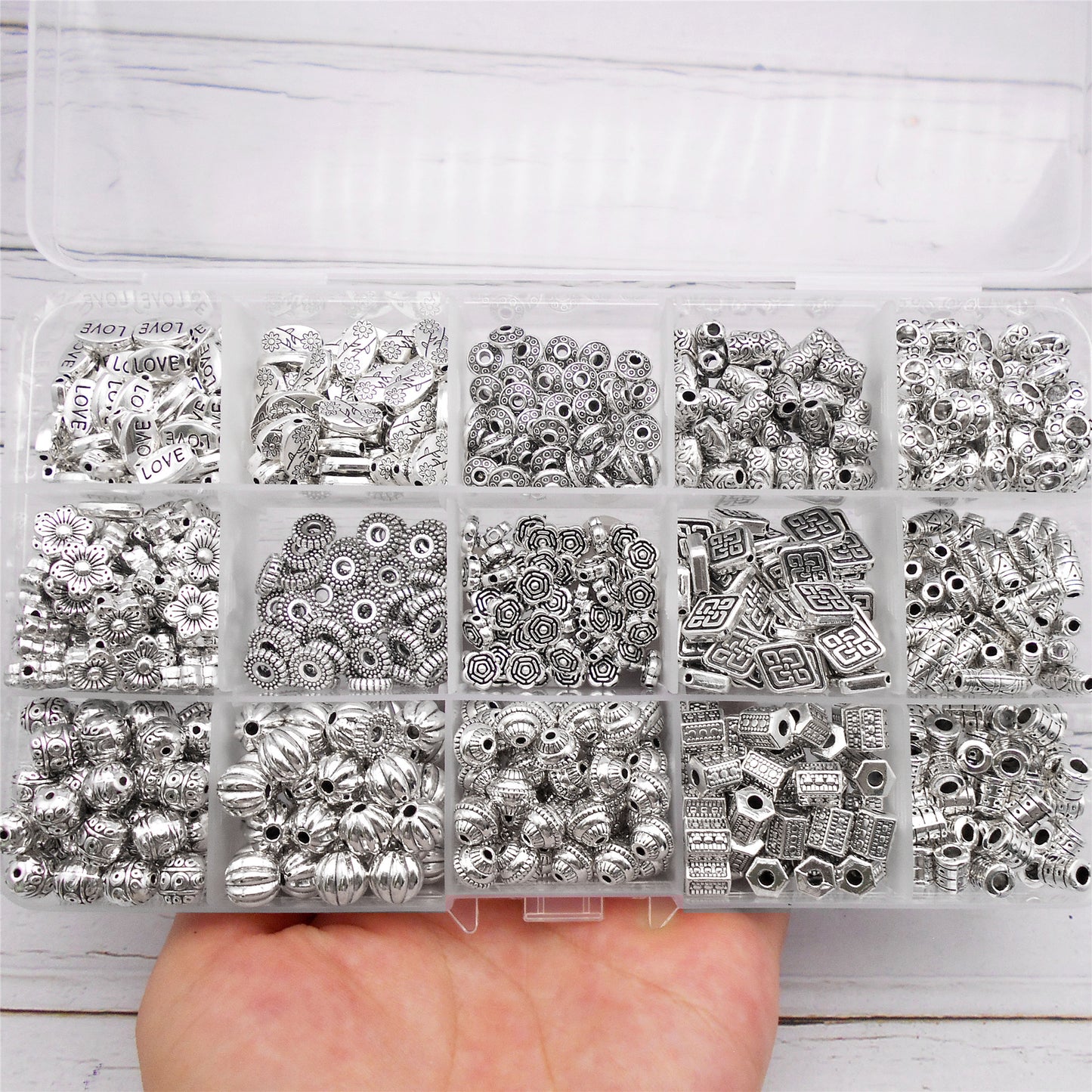 750PCS 15 Styles Mixed Alloy Antique Silver Spacer Beads Bulk Flower Loose Bead for Bracelets Necklaces Earrings Jewelry Making