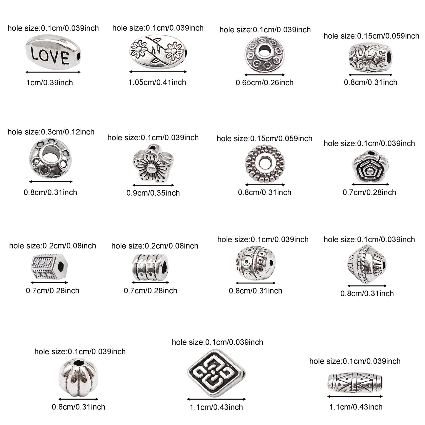 750PCS 15 Styles Mixed Alloy Antique Silver Spacer Beads Bulk Flower Loose Bead for Bracelets Necklaces Earrings Jewelry Making