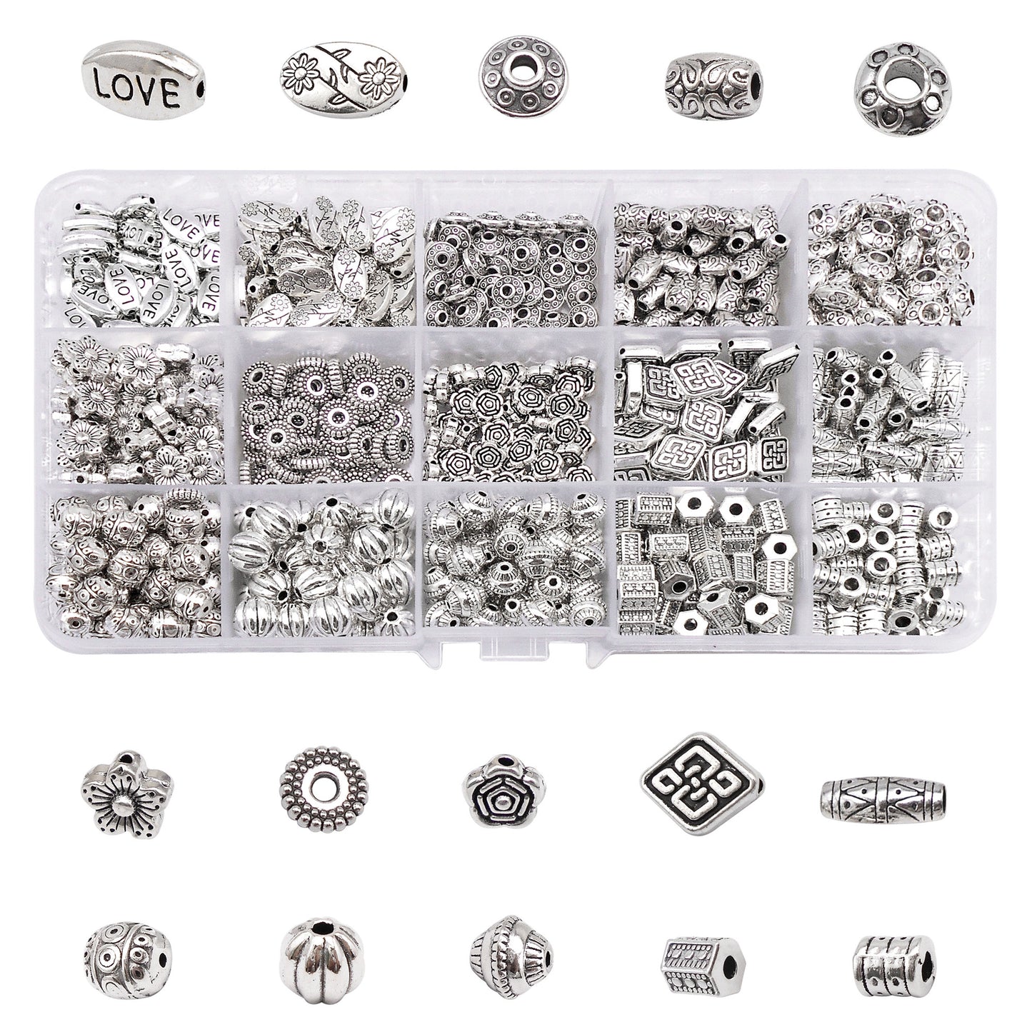 750PCS 15 Styles Mixed Alloy Antique Silver Spacer Beads Bulk Flower Loose Bead for Bracelets Necklaces Earrings Jewelry Making