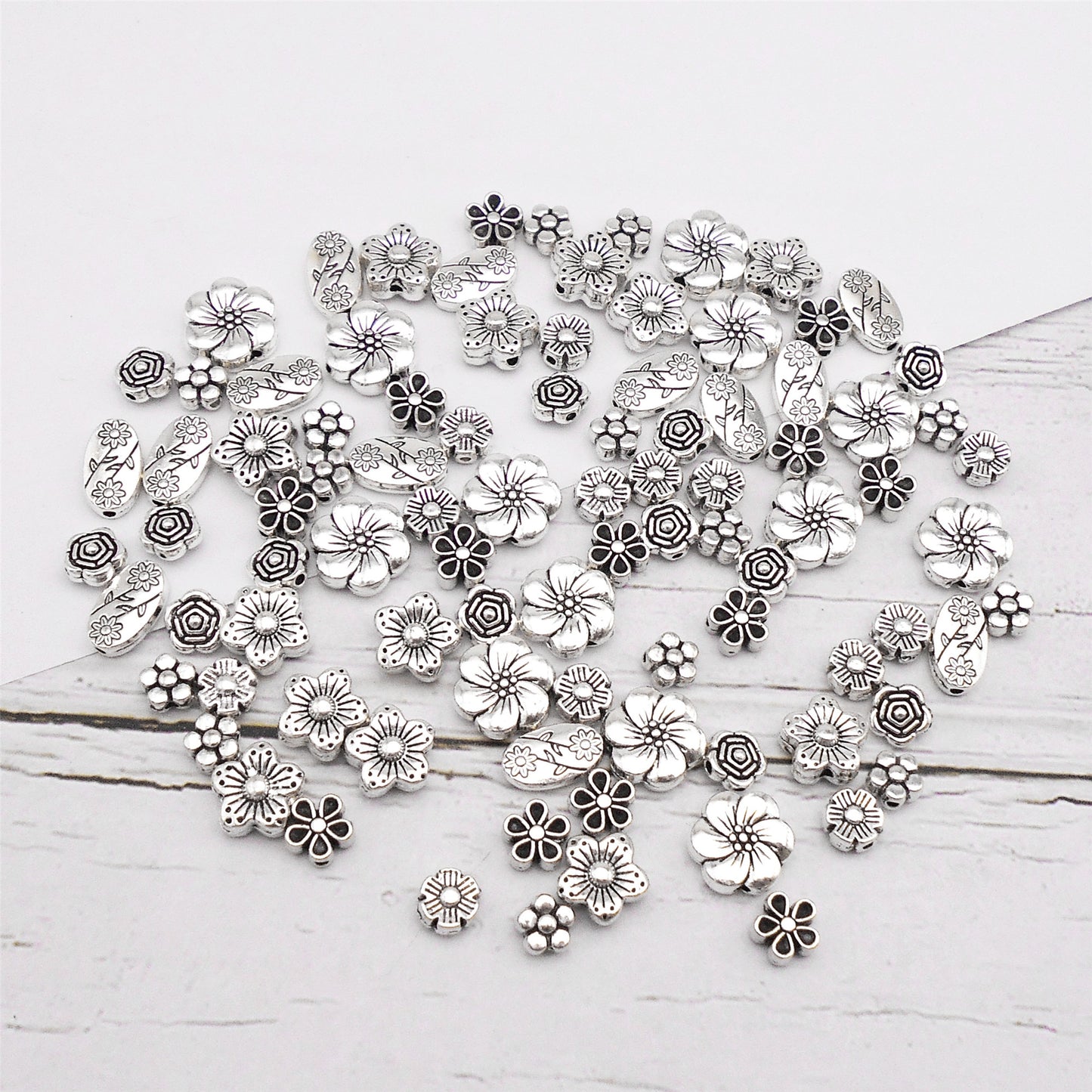 210PCS Mixed Alloy Antique Silver Spacer Beads Bulk Flower Loose Bead for Bracelets Necklaces Earrings Jewelry Making 7 Styles
