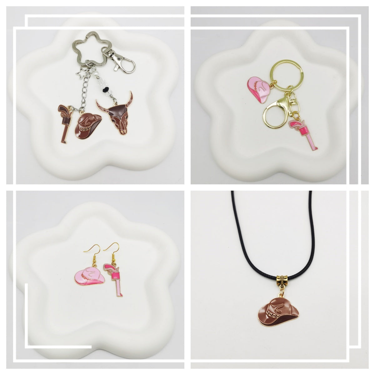 10Pcs Brown & Pink Enamel Bullhead Cowboy Hat Boot Gun Bandana Charms Alloy Western Cowboy Cowgirl Jewelry Pendant for Necklace Bracelet Earrings Accessories Crafts Decor