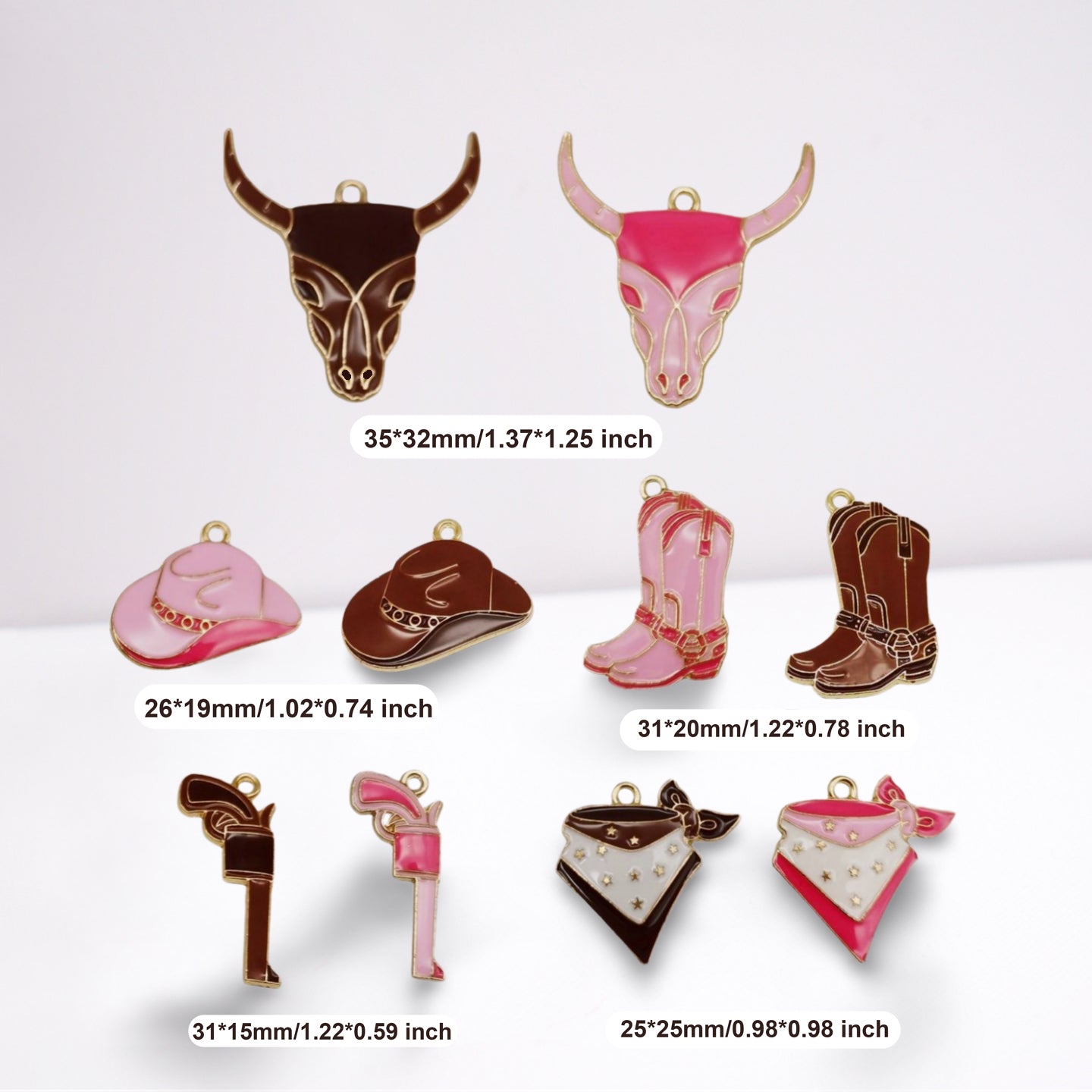 10Pcs Brown & Pink Enamel Bullhead Cowboy Hat Boot Gun Bandana Charms Alloy Western Cowboy Cowgirl Jewelry Pendant for Necklace Bracelet Earrings Accessories Crafts Decor