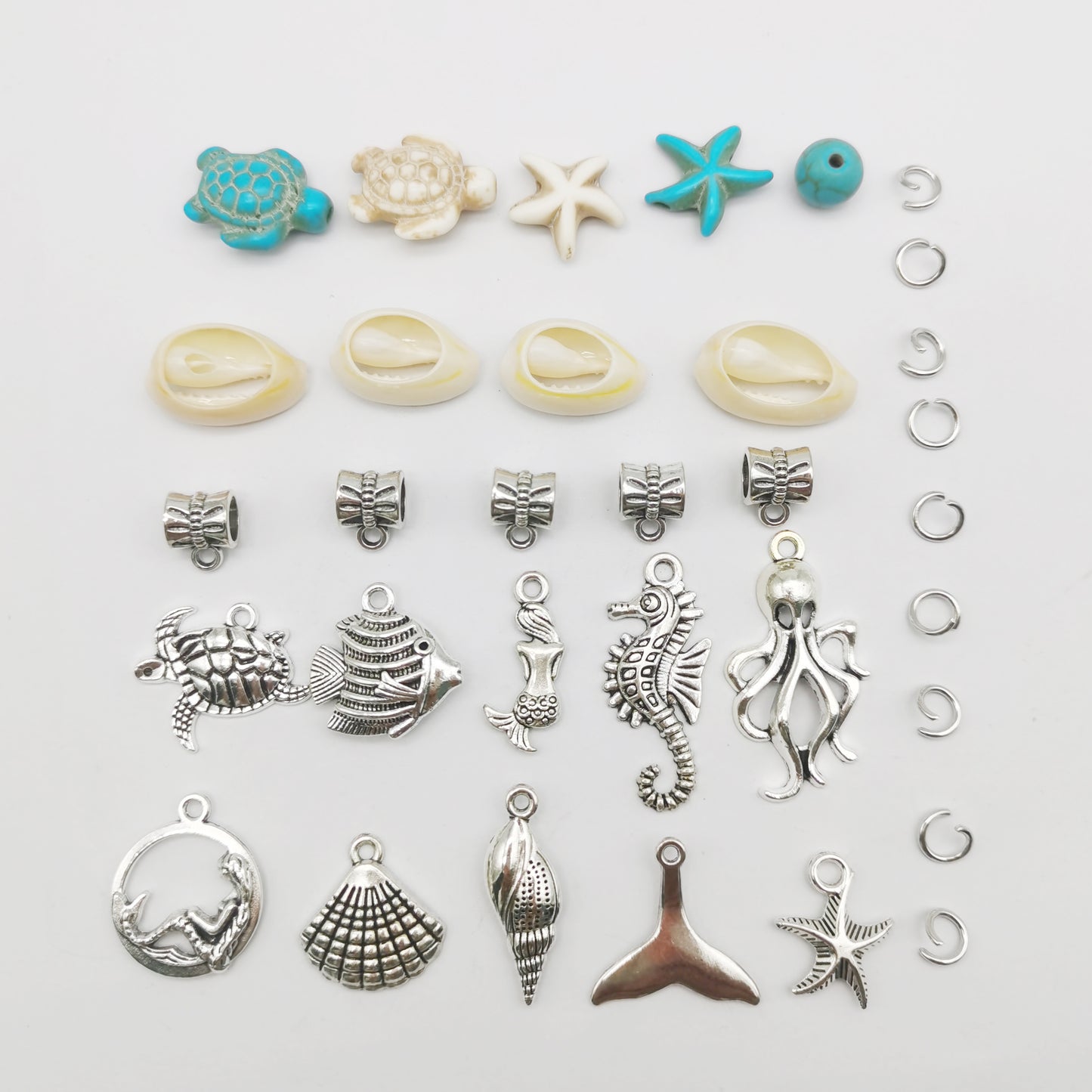 1 Box 200Pcs Stone Jewelry Making Kit, Summer Ocean Animals Starfish Mermaid Turtle Beads Charms Natural Seashell Beads for DIY Necklace Earring Bracelet Anklet Jewelry Making