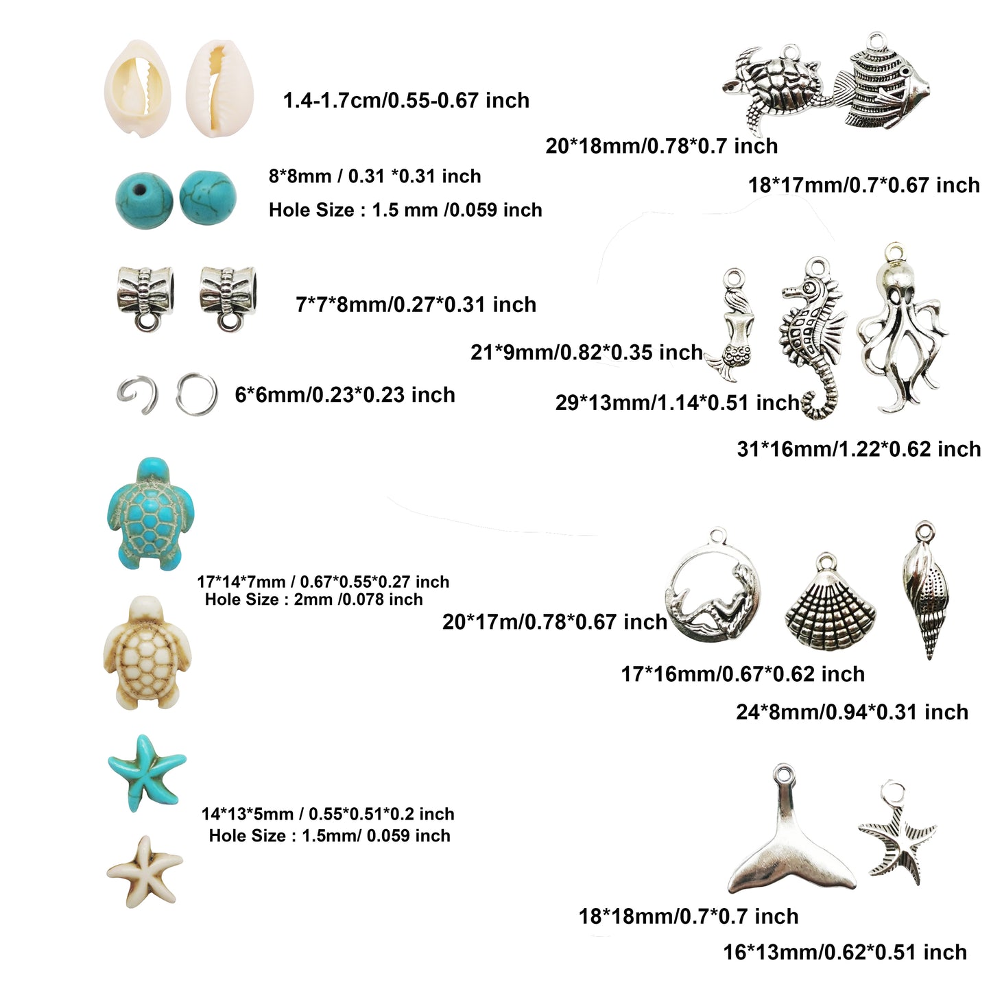 1 Box 200Pcs Stone Jewelry Making Kit, Summer Ocean Animals Starfish Mermaid Turtle Beads Charms Natural Seashell Beads for DIY Necklace Earring Bracelet Anklet Jewelry Making