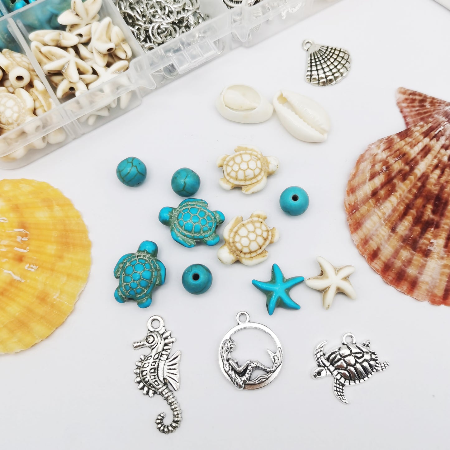 1 Box 200Pcs Stone Jewelry Making Kit, Summer Ocean Animals Starfish Mermaid Turtle Beads Charms Natural Seashell Beads for DIY Necklace Earring Bracelet Anklet Jewelry Making