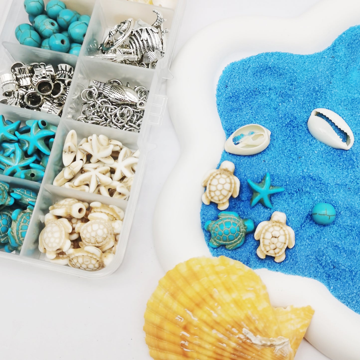 1 Box 200Pcs Stone Jewelry Making Kit, Summer Ocean Animals Starfish Mermaid Turtle Beads Charms Natural Seashell Beads for DIY Necklace Earring Bracelet Anklet Jewelry Making