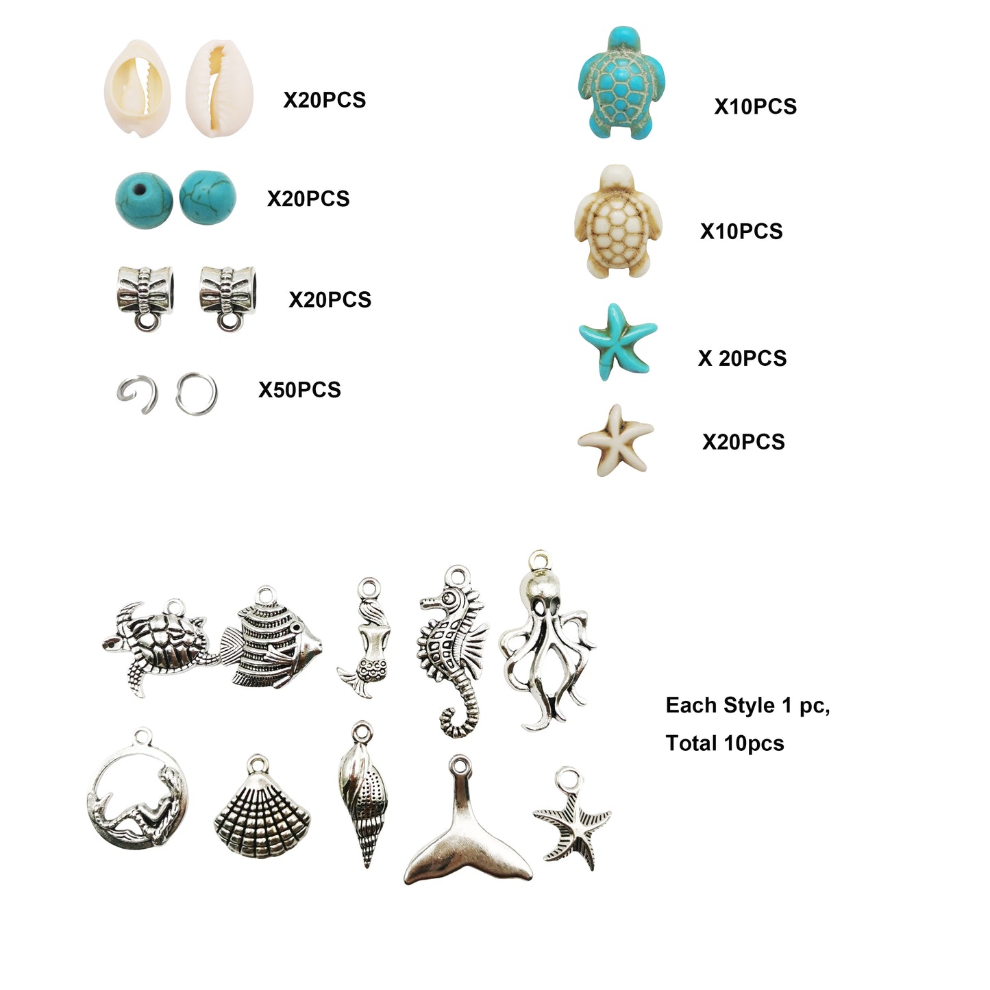 1 Box 200Pcs Stone Jewelry Making Kit, Summer Ocean Animals Starfish Mermaid Turtle Beads Charms Natural Seashell Beads for DIY Necklace Earring Bracelet Anklet Jewelry Making