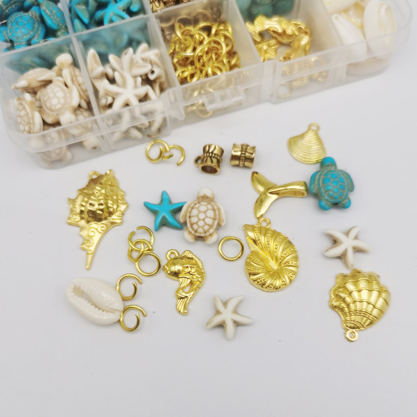 1 Box 200Pcs Stone Jewelry Making Kit, Summer Ocean Animals Starfish Mermaid Turtle Beads Charms Natural Seashell Beads for DIY Necklace Earring Bracelet Anklet Jewelry Making