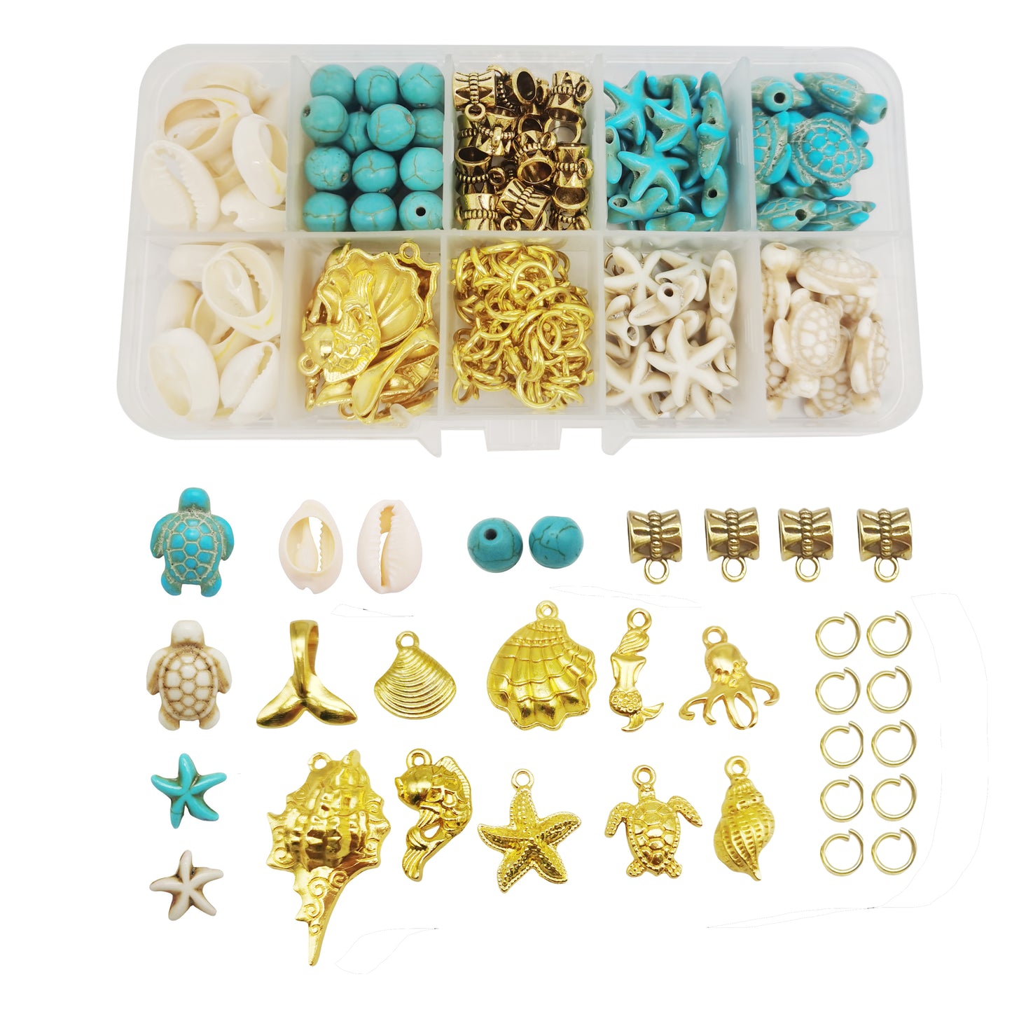 1 Box 200Pcs Stone Jewelry Making Kit, Summer Ocean Animals Starfish Mermaid Turtle Beads Charms Natural Seashell Beads for DIY Necklace Earring Bracelet Anklet Jewelry Making