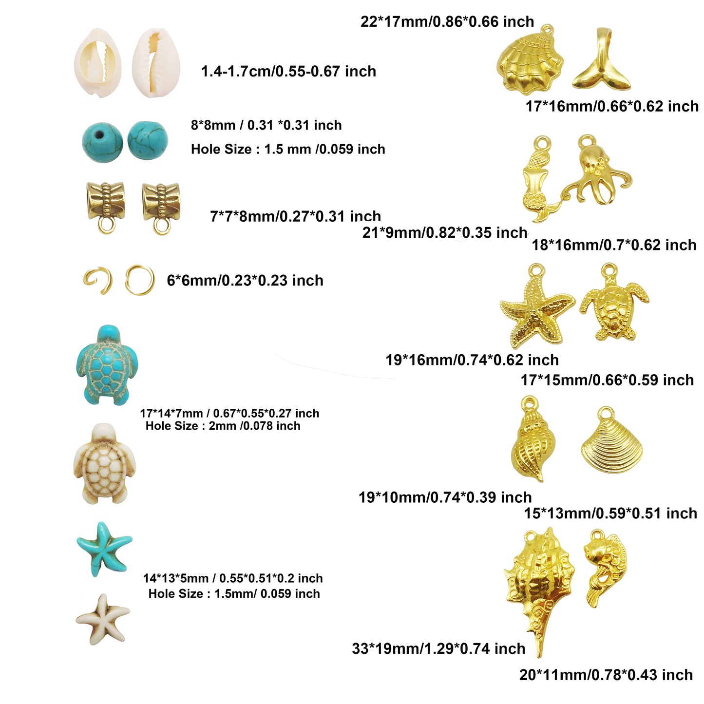 1 Box 200Pcs Stone Jewelry Making Kit, Summer Ocean Animals Starfish Mermaid Turtle Beads Charms Natural Seashell Beads for DIY Necklace Earring Bracelet Anklet Jewelry Making