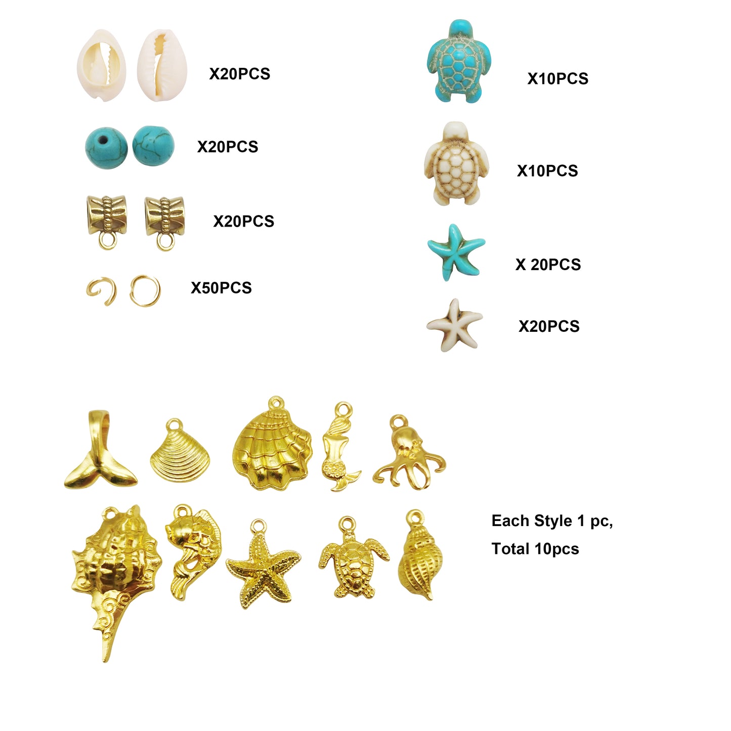 1 Box 200Pcs Stone Jewelry Making Kit, Summer Ocean Animals Starfish Mermaid Turtle Beads Charms Natural Seashell Beads for DIY Necklace Earring Bracelet Anklet Jewelry Making