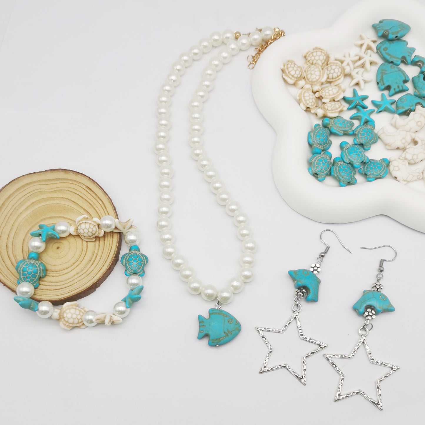 55pcs Artificial turquoise man-made turquoise turtle starfish fish beads Mixed spacer beads loose beads for sea beach jewelry making DIY