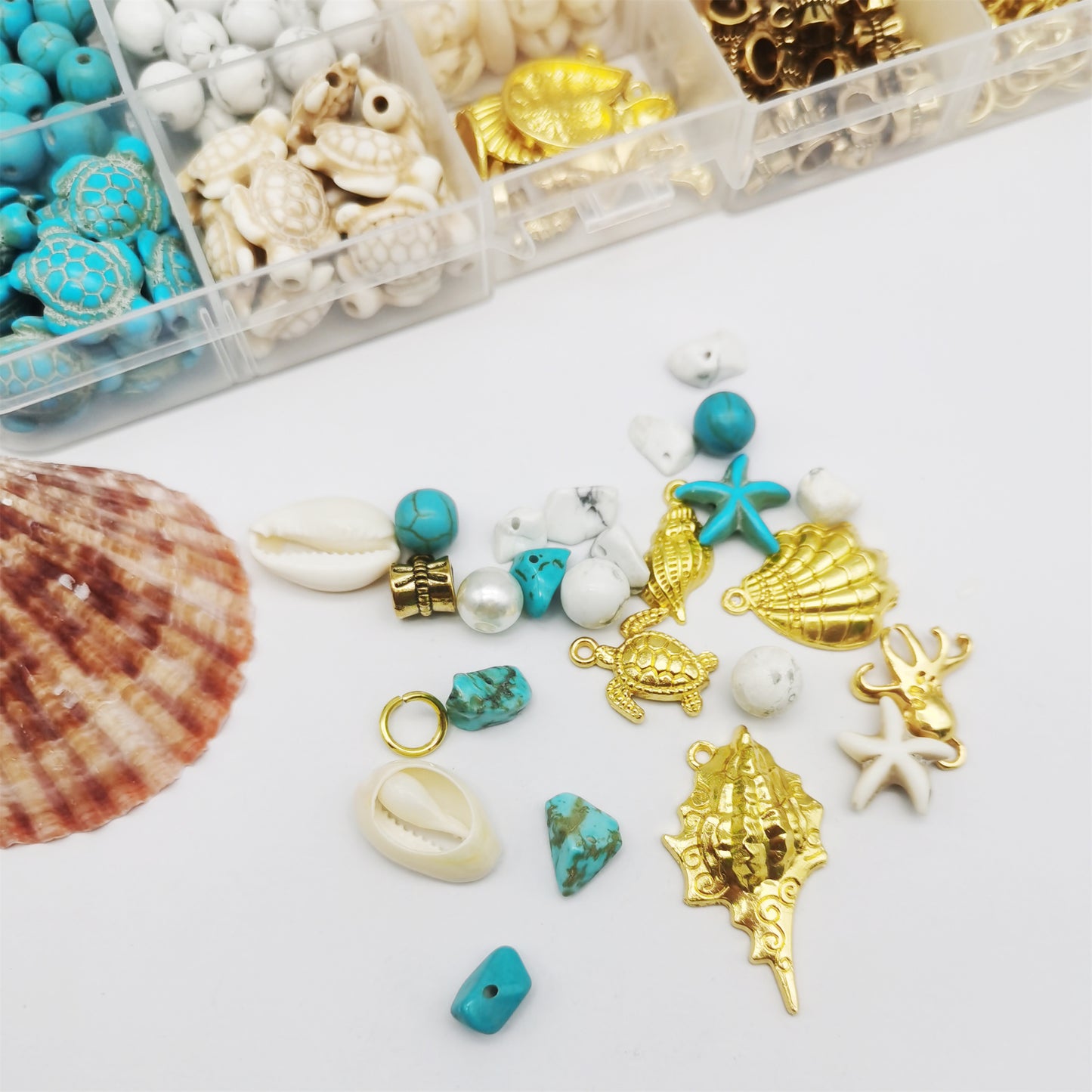 422PCS Gold Alloy Pendants Seashells Man-Made Turquoise Beads Starfish Turtle Ocean Charms for Jewelry Making Summer Beach Bead Necklace Bracelet Crafts DIY Accessory