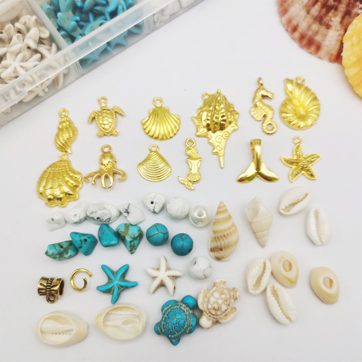 422PCS Gold Alloy Pendants Seashells Man-Made Turquoise Beads Starfish Turtle Ocean Charms for Jewelry Making Summer Beach Bead Necklace Bracelet Crafts DIY Accessory