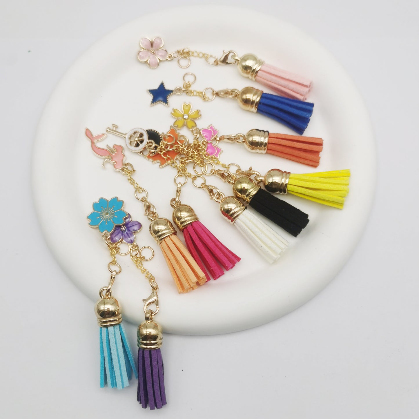 10PCS Alloy Flower Star Moon Charms with Tassel Dangle for DIY Pendant Jewelry Accessories, Beadable Pen Decoration, Child Crafts Toy