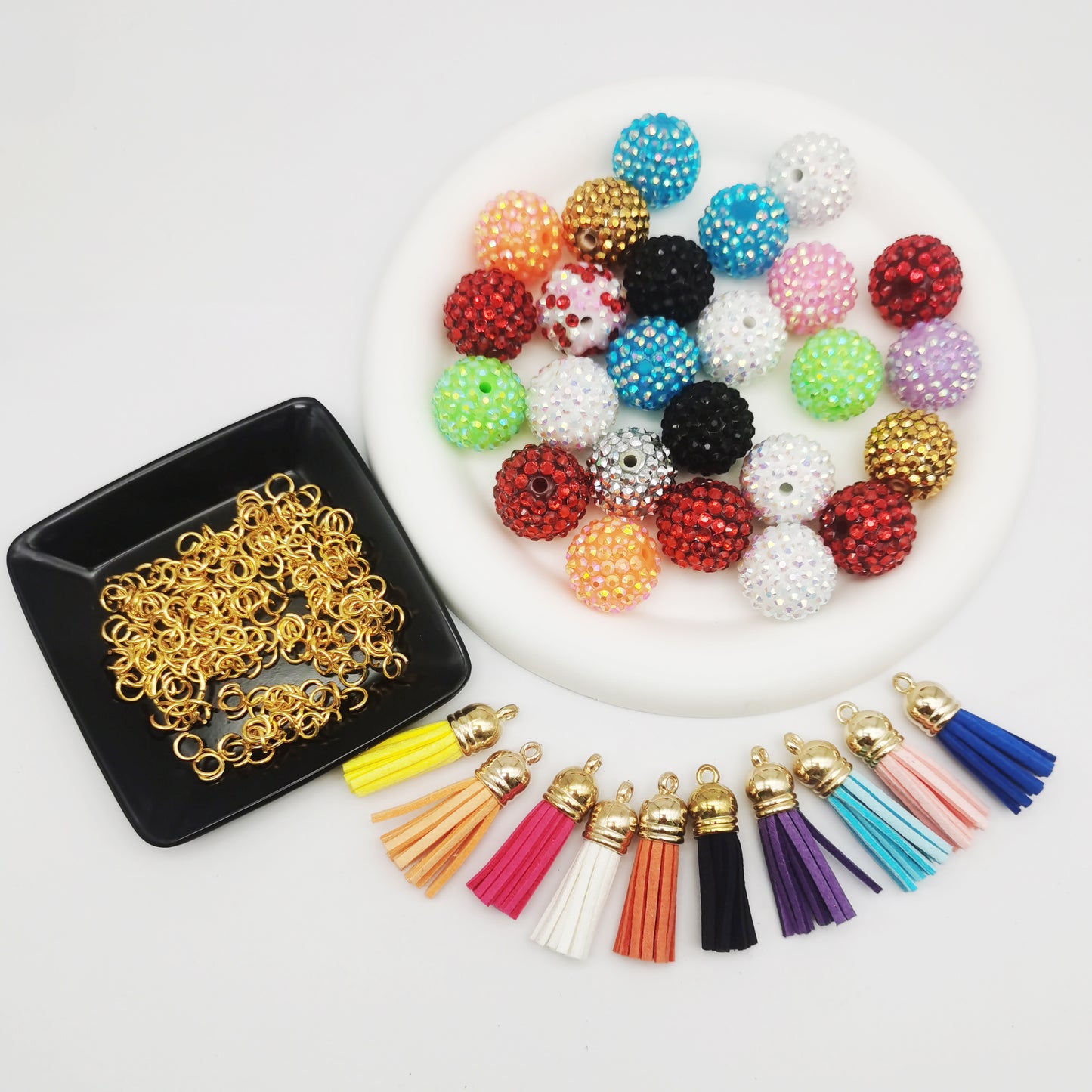 1 Set Jewelry Accessories Kit - 20pcs 20mm Acrylic Beads with Crystal Rhinestones, 10pcs Plastic Tassels, 50pcs 8mm Golden Alloy Jump Rings - DIY Pendant Supplies, Beadable Pen's Decoration