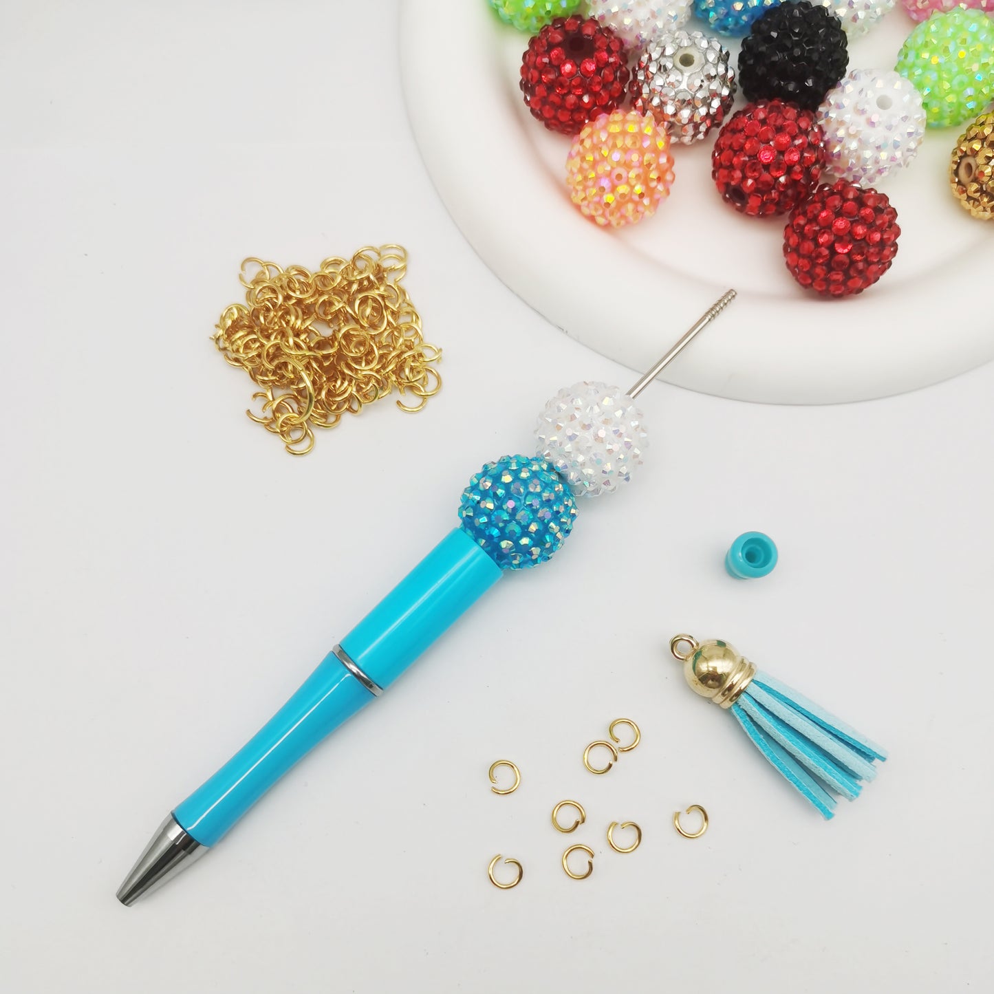 1 Set Jewelry Accessories Kit - 20pcs 20mm Acrylic Beads with Crystal Rhinestones, 10pcs Plastic Tassels, 50pcs 8mm Golden Alloy Jump Rings - DIY Pendant Supplies, Beadable Pen's Decoration