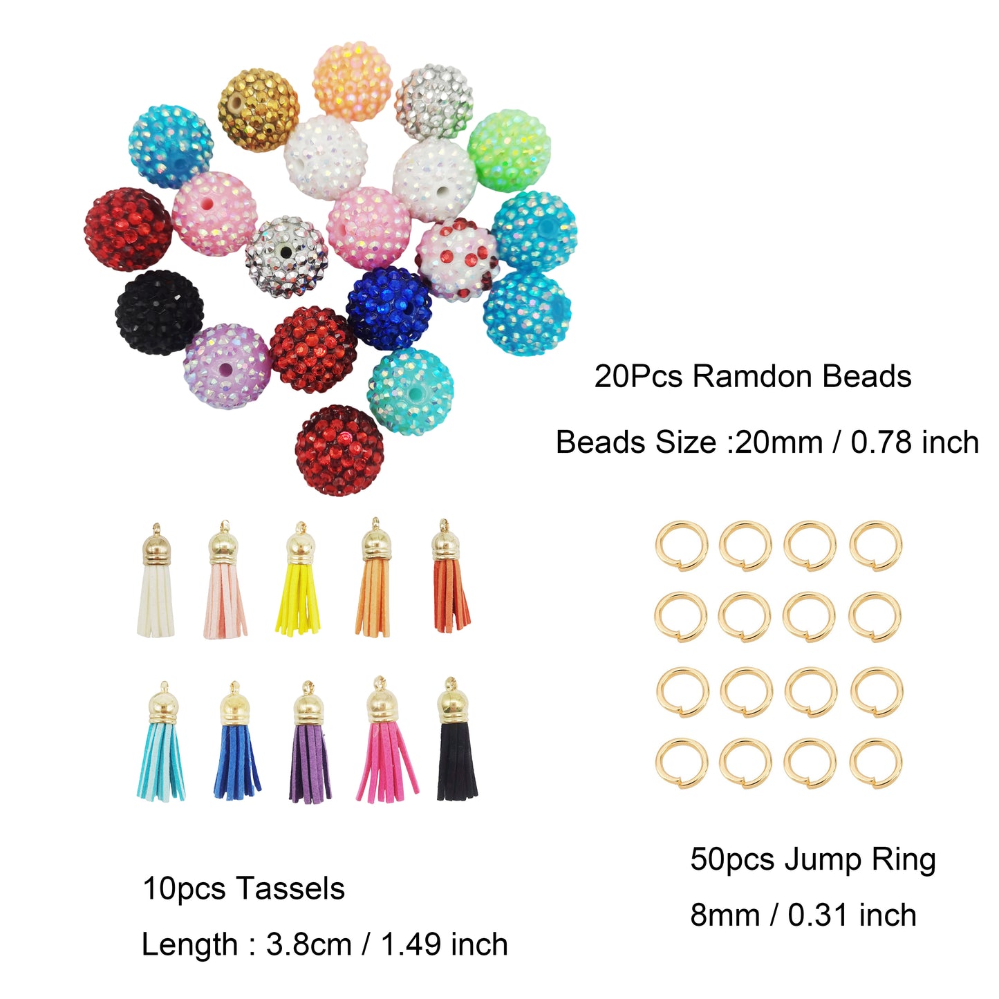 1 Set Jewelry Accessories Kit - 20pcs 20mm Acrylic Beads with Crystal Rhinestones, 10pcs Plastic Tassels, 50pcs 8mm Golden Alloy Jump Rings - DIY Pendant Supplies, Beadable Pen's Decoration