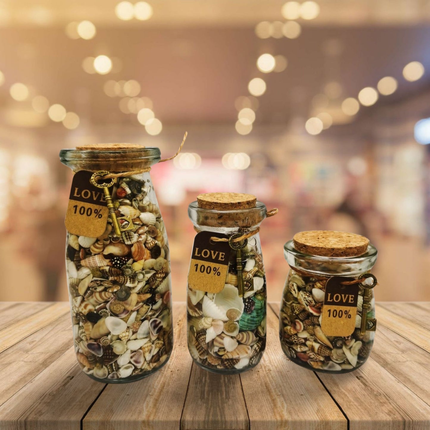 Glass Wide Mouth Wishing Bottle Jar with Conch & Scallop & Clam & Cockle Shells, Sealed with Cork and Fitted with String, Creative Gift for Friends, Ocean Theme Party & Beach Wedding Decoration