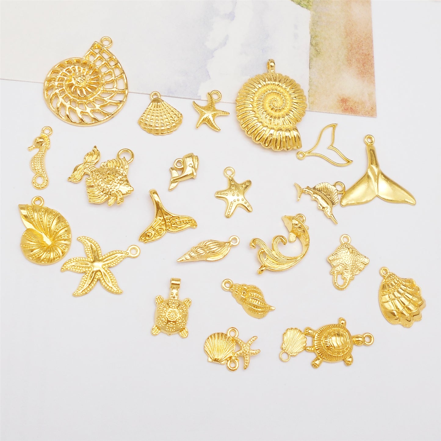 69PCS Gold tone Alloy Metal Sea Animal Charms Whale Mermaid Tail Starfish Shells Bulk Ocean Pendants Mermaid Tail Fish for Summer Beach Jewelry Necklace Bracelet Making DIY Crafts