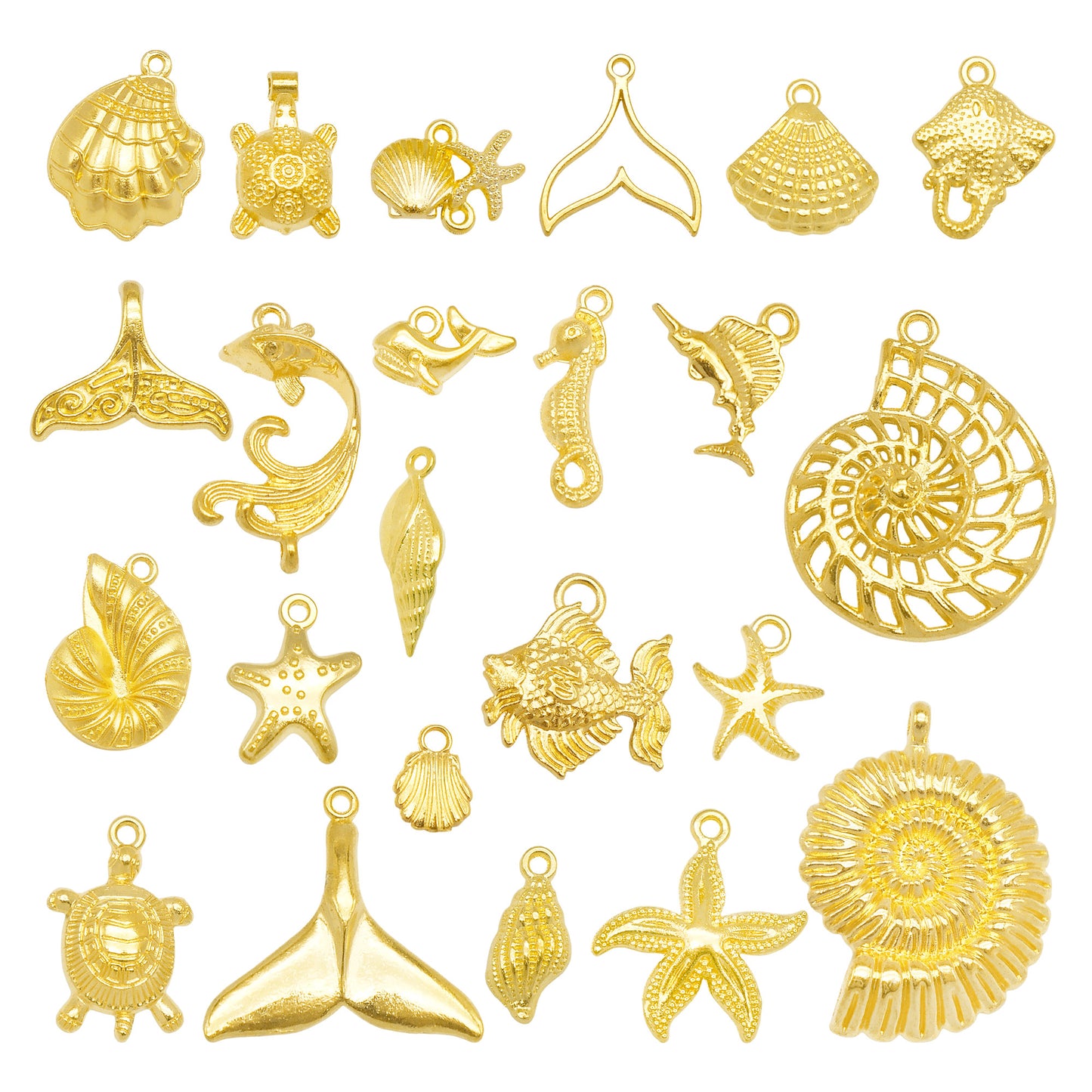69PCS Gold tone Alloy Metal Sea Animal Charms Whale Mermaid Tail Starfish Shells Bulk Ocean Pendants Mermaid Tail Fish for Summer Beach Jewelry Necklace Bracelet Making DIY Crafts