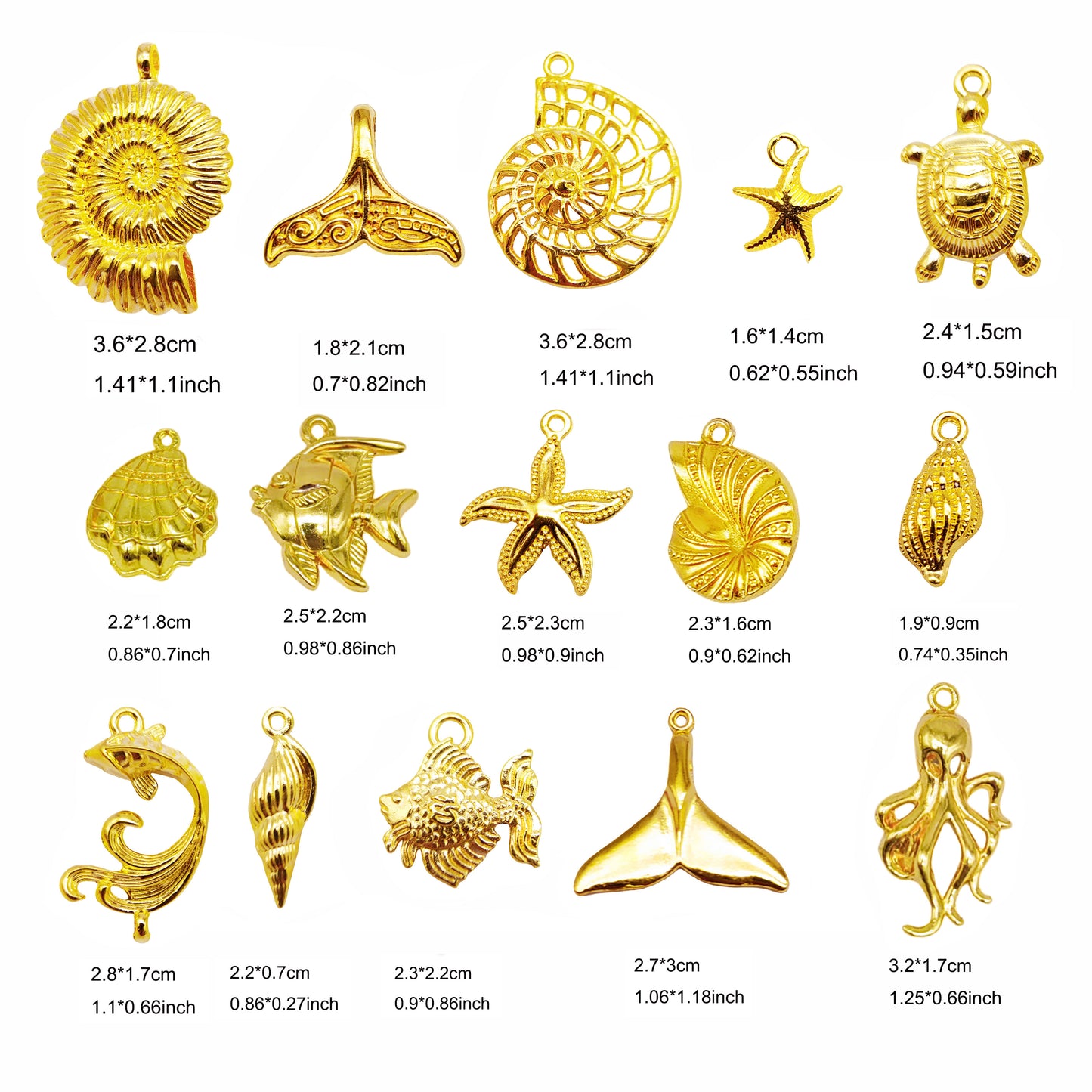 15PCS Golden Large Size Marine Life Sea Animal Charms Metal Conch Seahorse Starfish Turtle Octopus Pendant for Jewelry Accessories DIY Craft Supplies Ocean Theme Party&Wedding Decoration