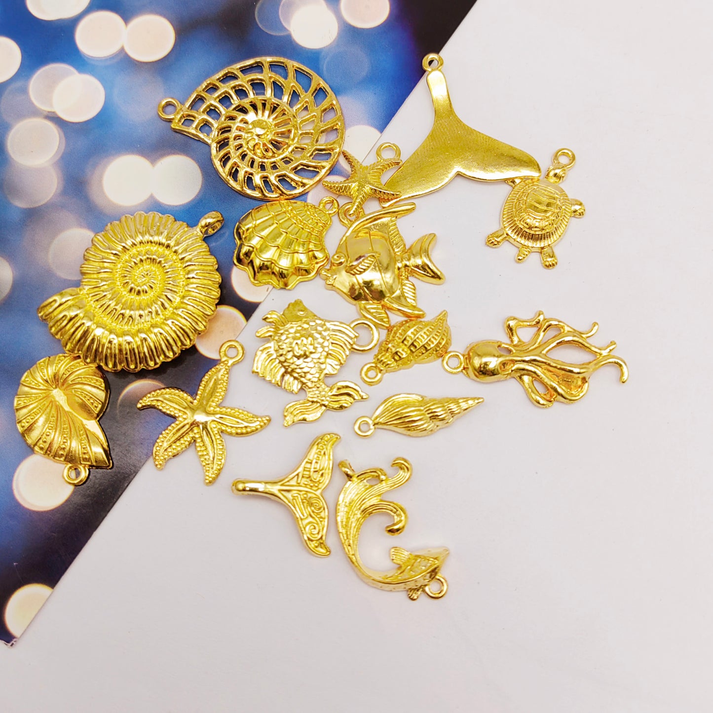15PCS Golden Large Size Marine Life Sea Animal Charms Metal Conch Seahorse Starfish Turtle Octopus Pendant for Jewelry Accessories DIY Craft Supplies Ocean Theme Party&Wedding Decoration
