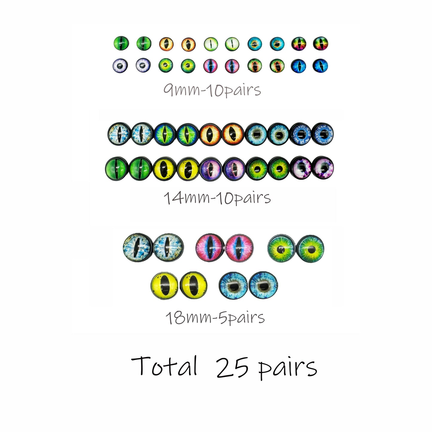 25Pairs Glass Eye Cabochons Round Animal Toy Eyes with Washers, Vertical Pupil Cat Lizard Eyes Flat Back Scrapbooking Dome Evil Dragon Eyes for Doll Decor DIY Craft Supplies 9mm 14mm 18mm