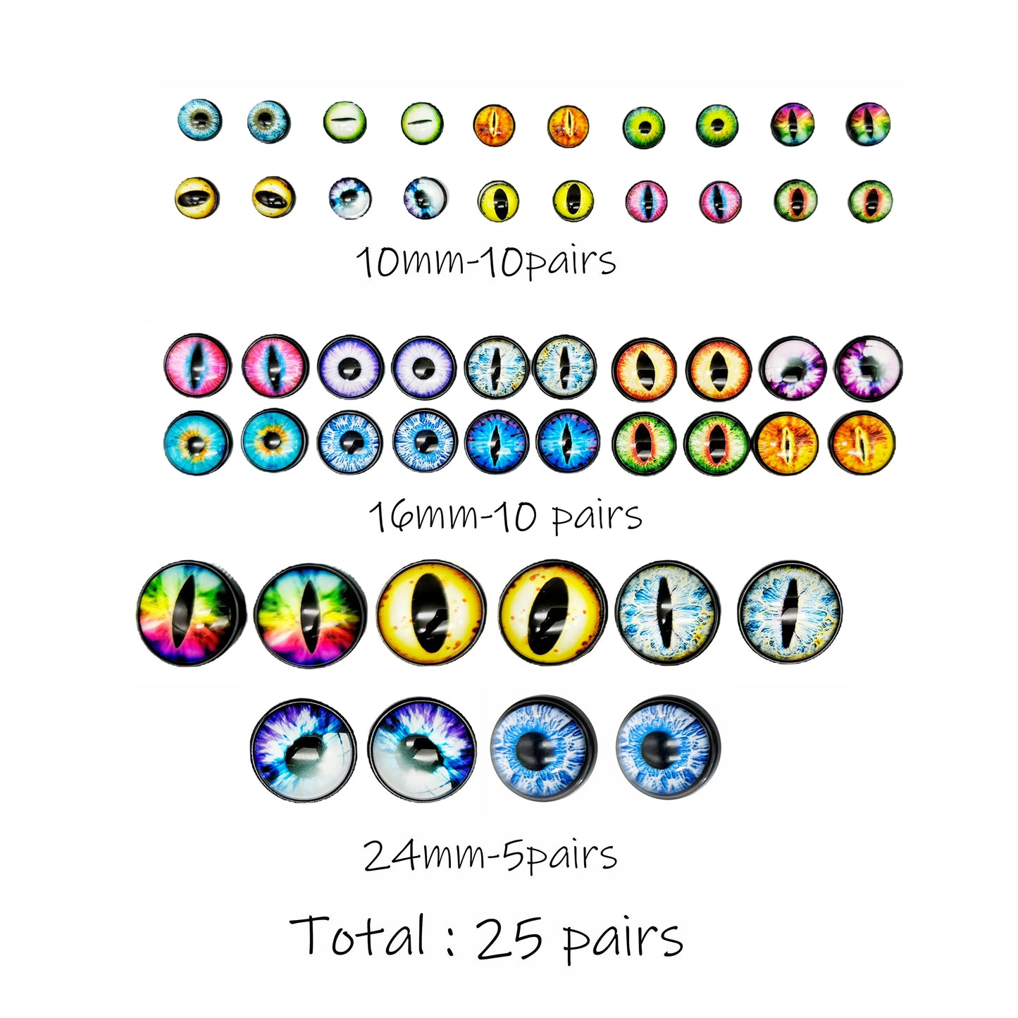 25Pairs 10/16/24mm Eye Scrapbook Cabochons Glass Animal Eyes with Base&Washers, Flat Back Dragon Dinosaur Eyes Round&Vertical Pupil Dog Cat Eyes for Toy Doll Decor Art Crafts Supplies