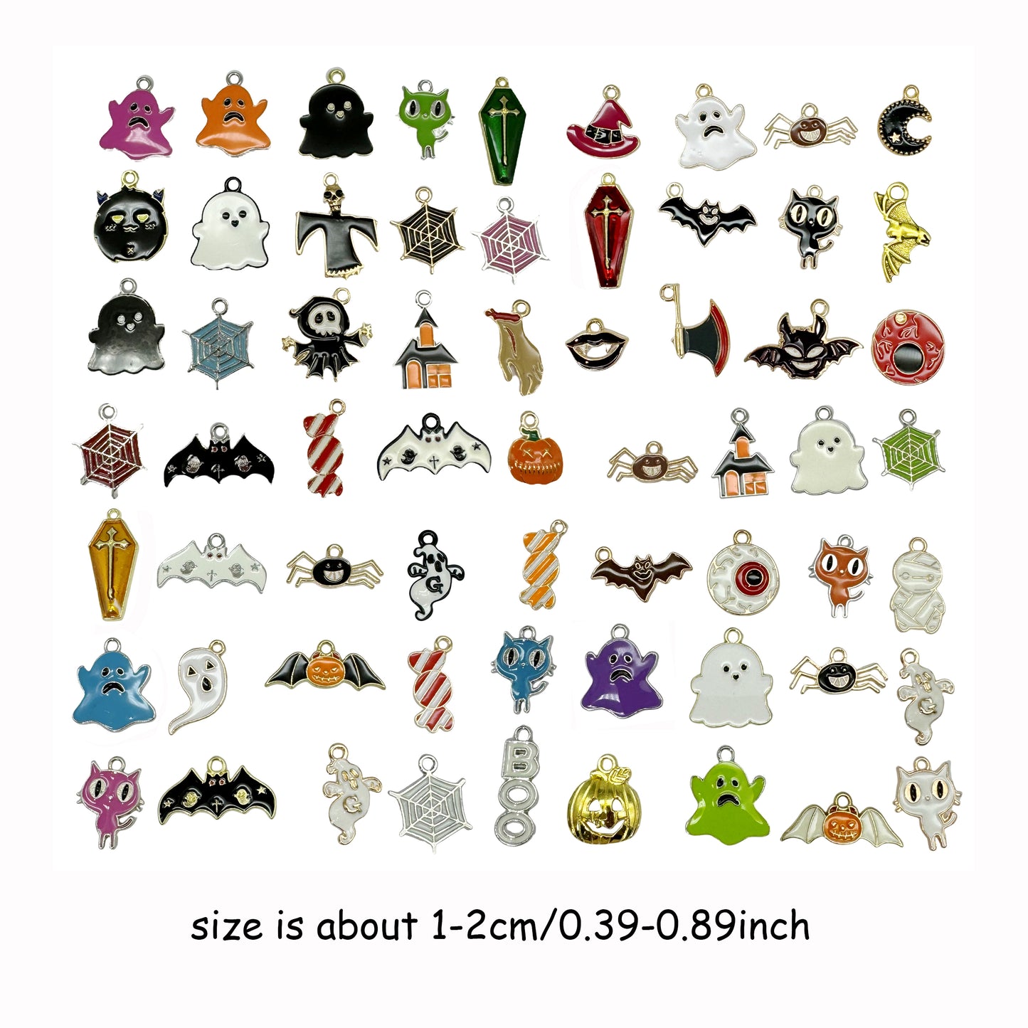 50PCS Mixed Halloween Theme Alloy Charms Enamel Ghosts Bats Cats Pendants for Party Decor Festival Gifts Jewelry Making Accessories